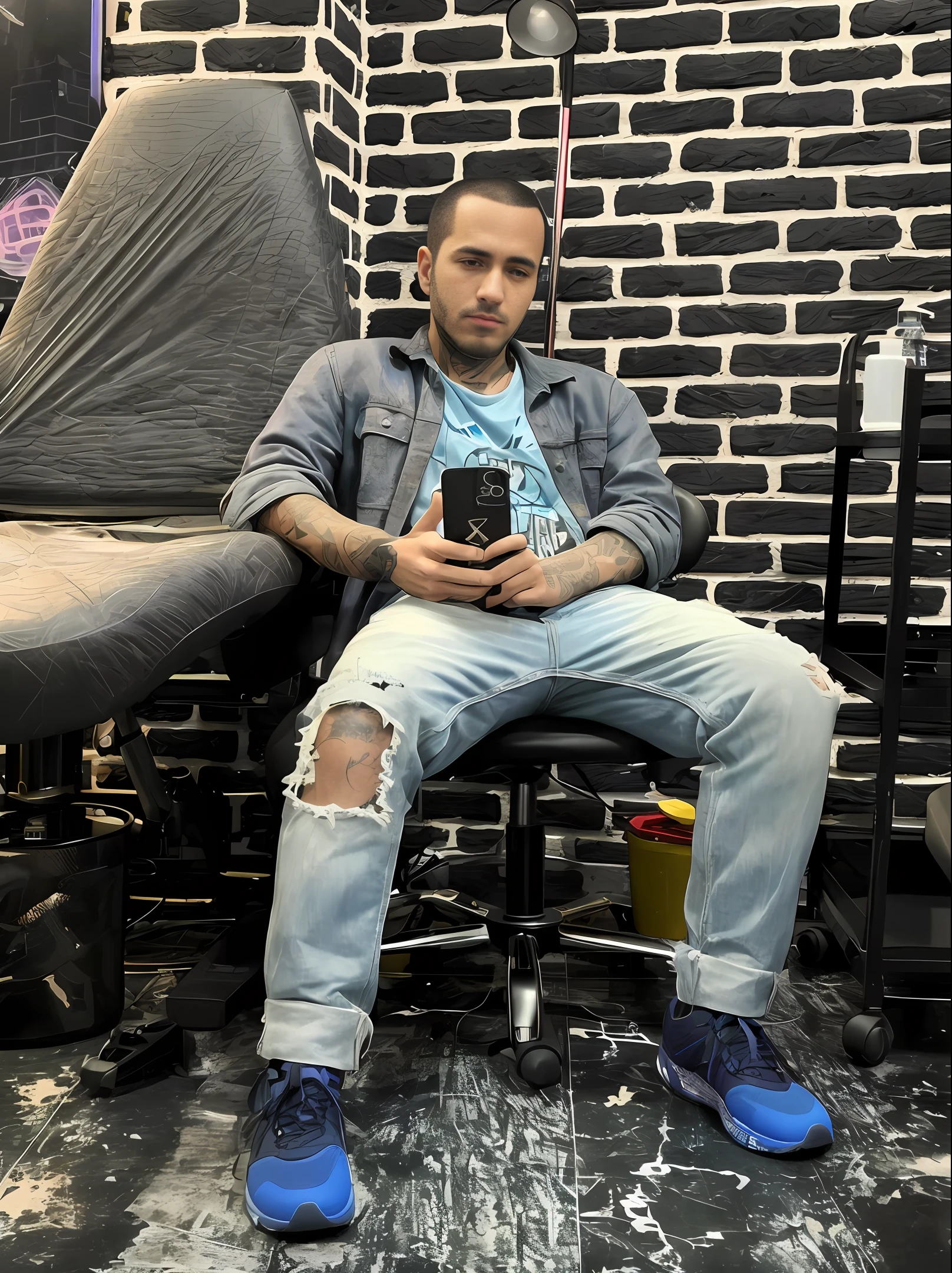arafed man sitting on a chair in a room with a chair and a table, looking at his phone, tattoo artist, sitting in a lounge, shot on nikon z9, aykut aydogdu, sitting on a chair, sitting in chair, sittin, tattoo parlor photo, resting after a hard fight, sitting on chair, sitting down casually,anime,cyberpunk
