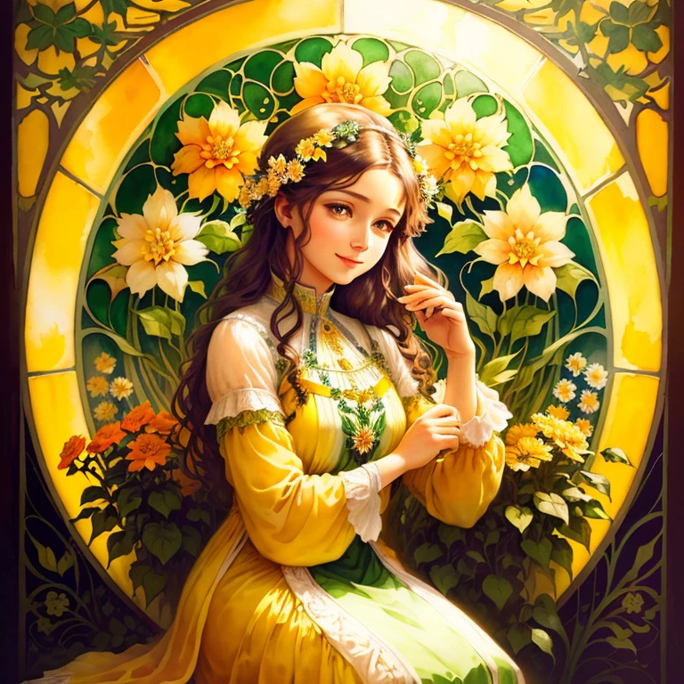 Mom (a poster design), a middle-aged woman, holding her child, pulling her hair, in the shape of an oval flower frame, smiling, looking at her child, surrounded by artistic wreaths behind her, beautiful and detailed eyes, shiny hair, Visible through hair, black hair, brown eyes, woman, family outfit, right hand outstretched, right hand gently touching her child, sun reflected light, silver metal, brilliance, soviet style, diffuse reflection, metallic texture, sea of stars, high key, Majestic, head surrounded by carnations
