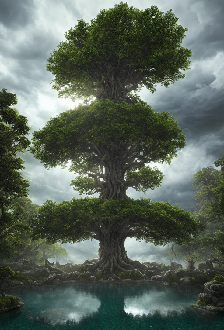 ancient rustical surrealistic big tree in middle of pool, sunny dramatic lighting, storm clouds, masterpiece, ultra high res, (photorealistic:1.4), cinema lighting, insanely detailed, hyper realistic, intricate design, fine details, octane render