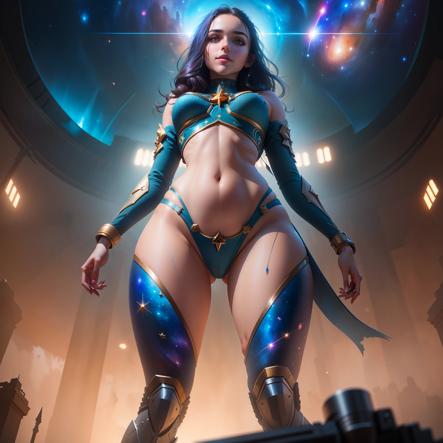 Highly detailed RAW color Photo, beautiful young girl, dynamic pose, (wide hips), (detailed skin), (detailed lips), (detailed eyes), (cosmic:1.4), (necropolis:1.1), (Sci-Fi setting) (detailed face), (curvy), belly button visible, smirking, detailed eyes, chromatic aberration, depth of field, soft lighting, masterpiece, best quality, intricate, (lens flare:0.7), (bloom:0.7), (from below:1.8), low angle, particle effects, raytracing, tone mapped, highly detailed, concept art, smooth, sharp focus, dramatic lighting, highly detailed artwork, cinematic, hyper realistic painting, trending on Artstation, 8K, incredible shadows, realistic, (highly detailed background:1.2), art by midjourney