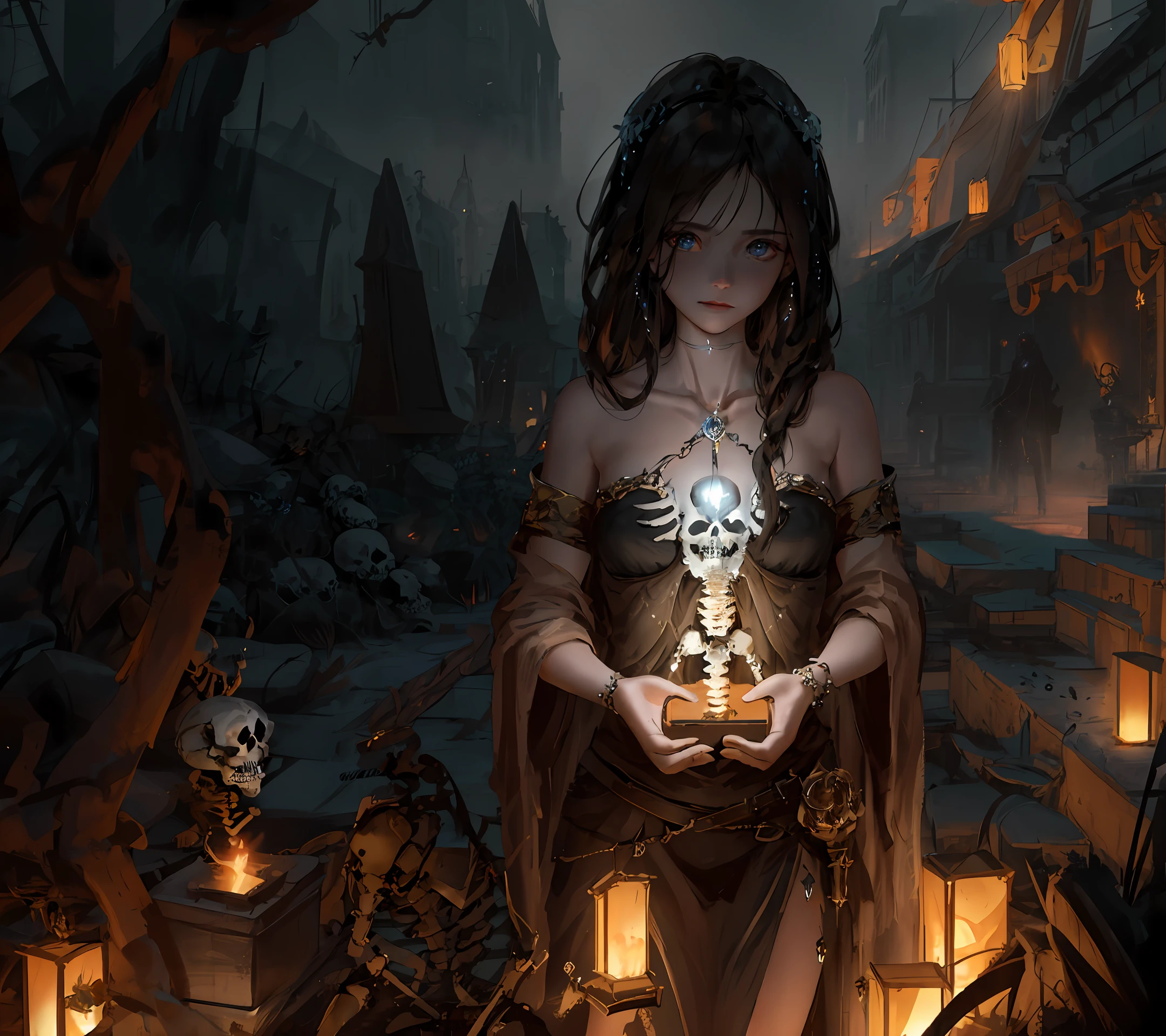 [hyper realistic:(unreal engine):realistic:,0.5,0.99], beautiful 1 skeleton,(beautiful and delicate face),(Sky), (dark magic: 1.2), (skeleton anthropomorphic),(necromancer), weird flames, oiled skin, upper body, looking at viewer, messy long hair, (volumetric lighting), atmospheric perspective, dust particles, light axis, (e_foxy:0.7), m_wlop, (e_landscape:0.7)