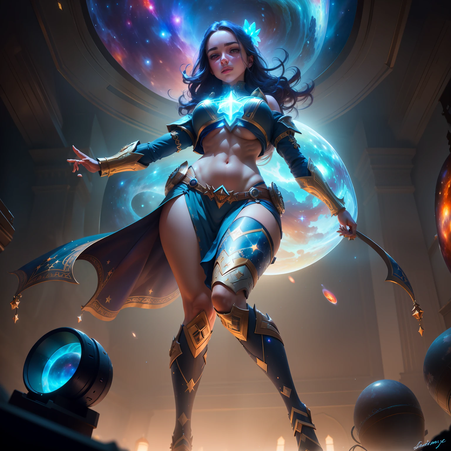 Highly detailed RAW color Photo, beautiful young girl, dynamic pose, (wide hips), (detailed skin), (detailed lips), (detailed eyes), (cosmic:1.4), (necropolis:1.1), (Sci-Fi setting) (detailed face), (curvy), belly button visible, smirking, detailed eyes, chromatic aberration, tonned abs, depth of field, soft lighting, masterpiece, best quality, intricate, (lens flare:0.7), (bloom:0.7), (from below:1.8), low angle, particle effects, raytracing, tone mapped, highly detailed, concept art, smooth, sharp focus, dramatic lighting, highly detailed artwork, cinematic, hyper realistic painting, trending on Artstation, 8K, incredible shadows, realistic, (highly detailed background:1.2), art by midjourney