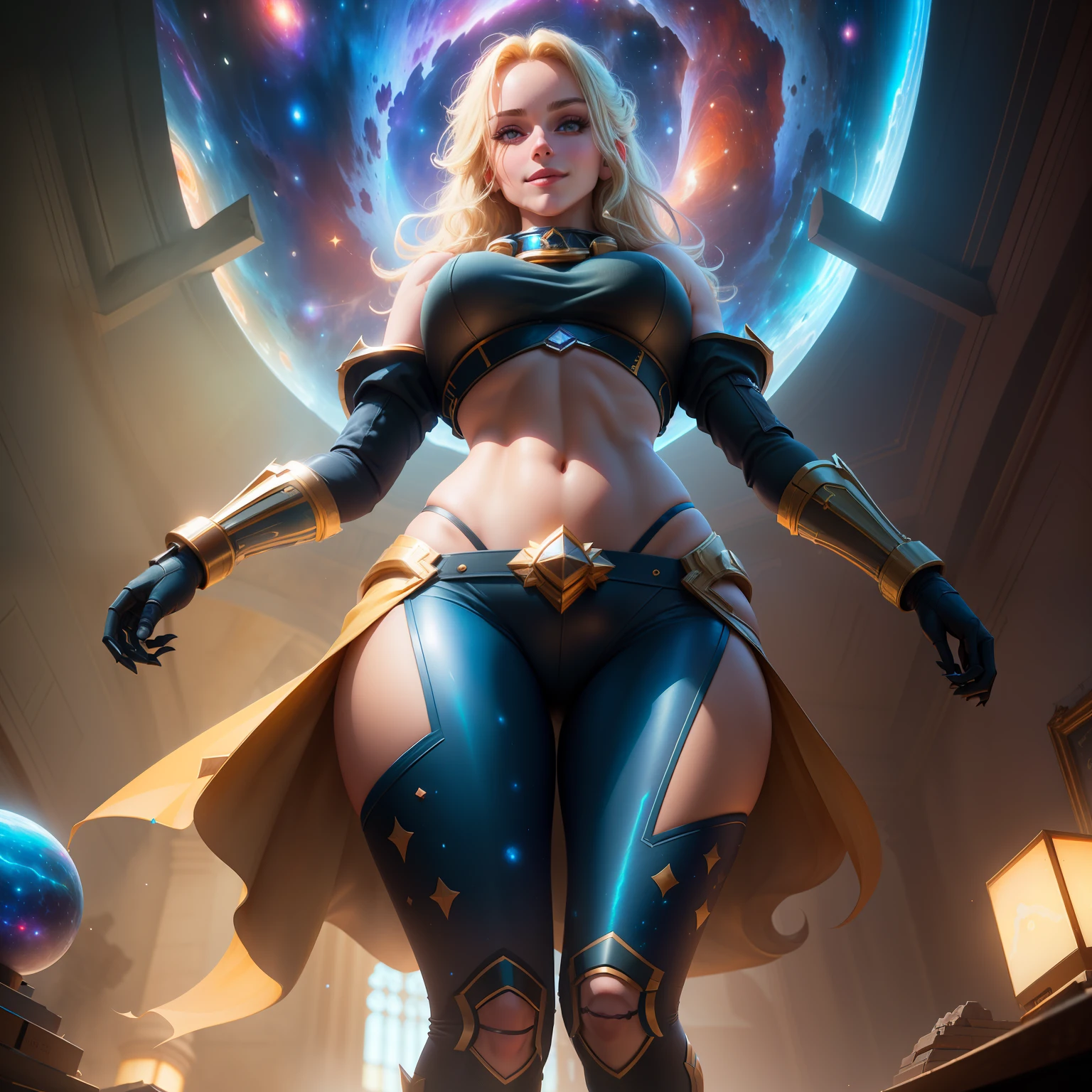 Highly detailed RAW color Photo, beautiful young girl, dynamic pose, (wide hips), (detailed skin), (detailed lips), (detailed eyes), (cosmic:1.4), (necropolis:1.1), (Sci-Fi setting) (detailed face), blonde, (curvy), midriff exposed, (smirking:1.5), detailed eyes, chromatic aberration, depth of field, soft lighting, masterpiece, best quality, intricate, (lens flare:0.7), (bloom:0.7), (from below:1.8), low angle, particle effects, raytracing, tone mapped, highly detailed, concept art, smooth, sharp focus, dramatic lighting, highly detailed artwork, cinematic, hyper realistic painting, trending on Artstation, 8K, incredible shadows, realistic, (highly detailed background:1.2), art by midjourney