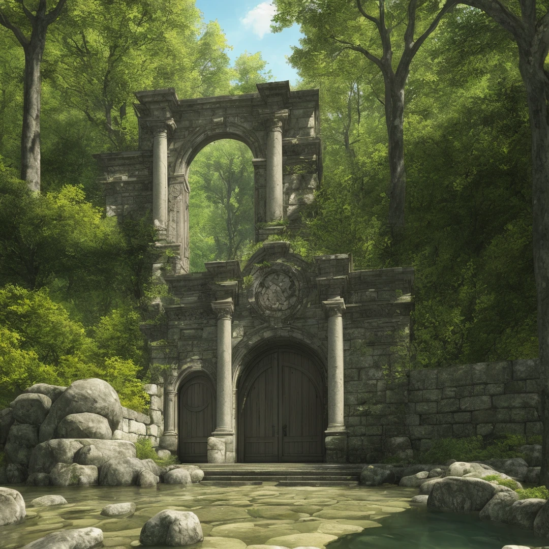 wide angle view on realistic ultradetailed simple roman stone gate in middle of forest pool, High quality photo, ultra high res, (photorealistic:1.4), cinema lighting, insanely detailed, hyper realistic, intricate design, fine details, octane render
