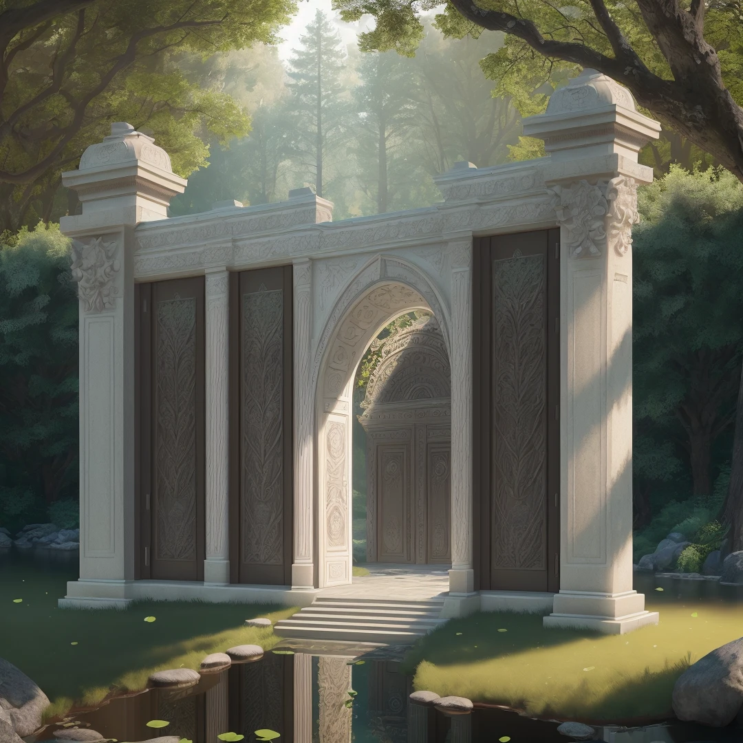 wide angle view on realistic ultradetailed simple roman stone gate in middle of forest pool, High quality photo, ultra high res, (photorealistic:1.4), cinema lighting, insanely detailed, hyper realistic, intricate design, fine details, octane render