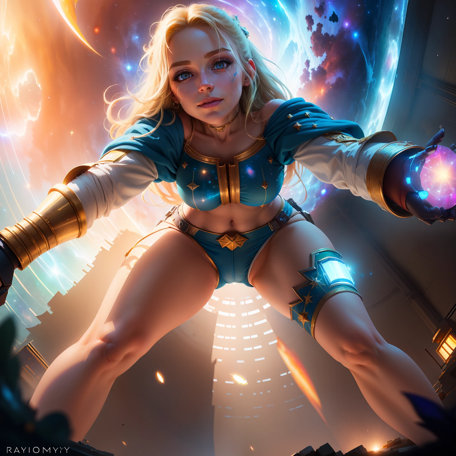 Highly detailed RAW color Photo, beautiful young girl, dynamic pose, (wide hips), (detailed skin), (detailed lips), (detailed eyes), (cosmic:1.4), (necropolis:1.1), (Jungle setting) (detailed face), blonde, (curvy), midriff exposed, (smirking:1.5), detailed eyes, chromatic aberration, depth of field, soft lighting, masterpiece, warpaint, face paint, best quality, intricate, (lens flare:0.7), (bloom:0.7), (from below:1.8), low angle, particle effects, raytracing, tone mapped, highly detailed, concept art, smooth, sharp focus, dramatic lighting, highly detailed artwork, cinematic, hyper realistic painting, trending on Artstation, 8K, incredible shadows, realistic, (highly detailed background:1.2), art by midjourney