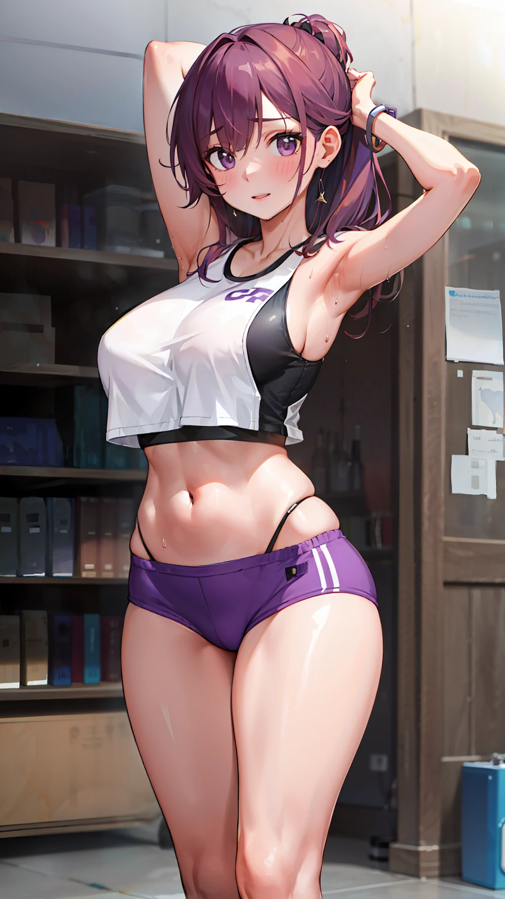 Masterpiece: 1.2, best quality), realistic, (real picture, rich details details, depth of field), (1girl, solo), makeup, cleft lip, high detail, perfect face shape, (big breasts: 1.4), (skindentation ), thick Thighs, wide hips, thin waist, tall, coral lips, ((purple hair)), ((purple eyes)), wavy hair, (sweating: 1.2), (wet), sexy, blush, sporty short, belly, arms behind, crop top