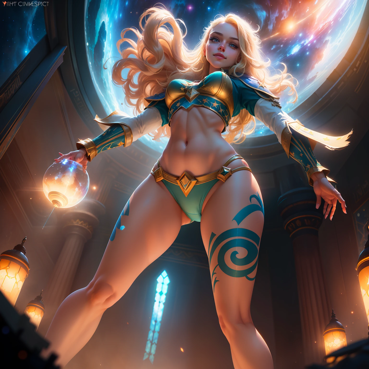 Highly detailed RAW color Photo, beautiful young girl, dynamic pose, (wide hips), (detailed skin), (detailed lips), (detailed eyes), (cosmic:1.4), (necropolis:1.1), (Jungle setting) (detailed face), blonde, (curvy), midriff exposed, (smirking:1.5), detailed eyes, chromatic aberration, depth of field, soft lighting, masterpiece, warpaint, face paint, best quality, intricate, (lens flare:0.7), (bloom:0.7), (from below:1.8), low angle, particle effects, raytracing, tone mapped, highly detailed, concept art, smooth, sharp focus, dramatic lighting, highly detailed artwork, cinematic, hyper realistic painting, trending on Artstation, 8K, incredible shadows, realistic, (highly detailed background:1.2), art by midjourney