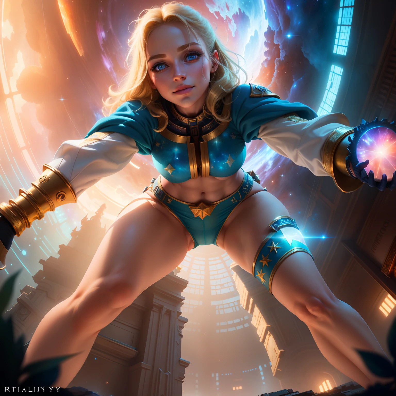 Highly detailed RAW color Photo, beautiful young girl, dynamic pose, (wide hips), (detailed skin), (detailed lips), (detailed eyes), (cosmic:1.4), (necropolis:1.1), (Jungle setting) (detailed face), blonde, (curvy), midriff exposed, (smirking:1.5), detailed eyes, abs, chromatic aberration, depth of field, soft lighting, masterpiece, warpaint, face paint, best quality, intricate, (lens flare:0.7), (bloom:0.7), (from below:1.8), low angle, particle effects, raytracing, tone mapped, highly detailed, concept art, smooth, sharp focus, dramatic lighting, highly detailed artwork, cinematic, hyper realistic painting, trending on Artstation, 8K, incredible shadows, realistic, (highly detailed background:1.2), art by midjourney