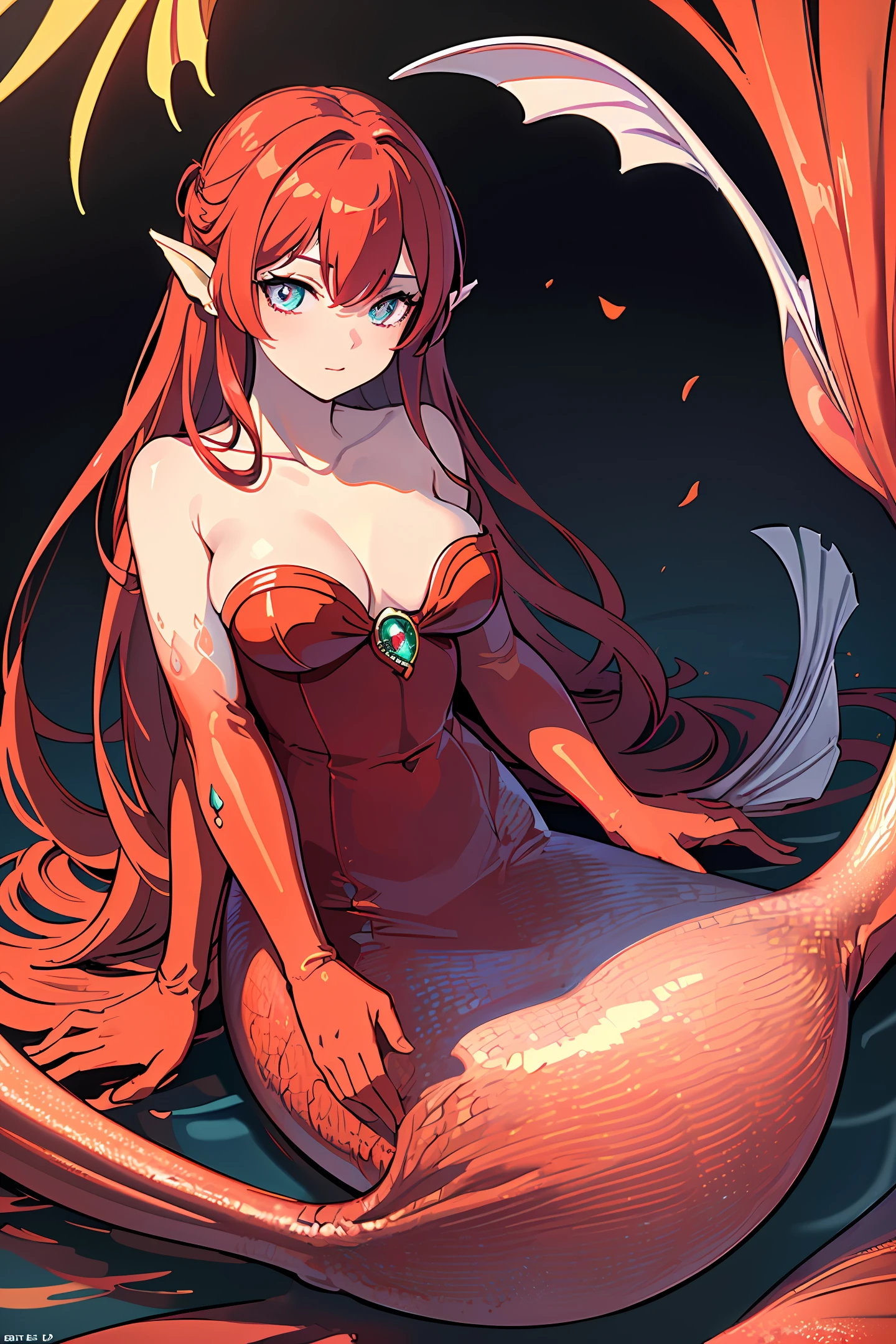 (masterpiece:1.2, best quality), (extremely detailed CG unity 8k wallpaper, masterpiece, best quality, ultra-detailed, best shadow), (beautiful detailed face, beautiful detailed eyes), (finely detailed beautiful eyes: 1.2), (1 girl), (long crimson hair:1.2), big breasts, (crimson mermaid:1.4), (black background), high contrast