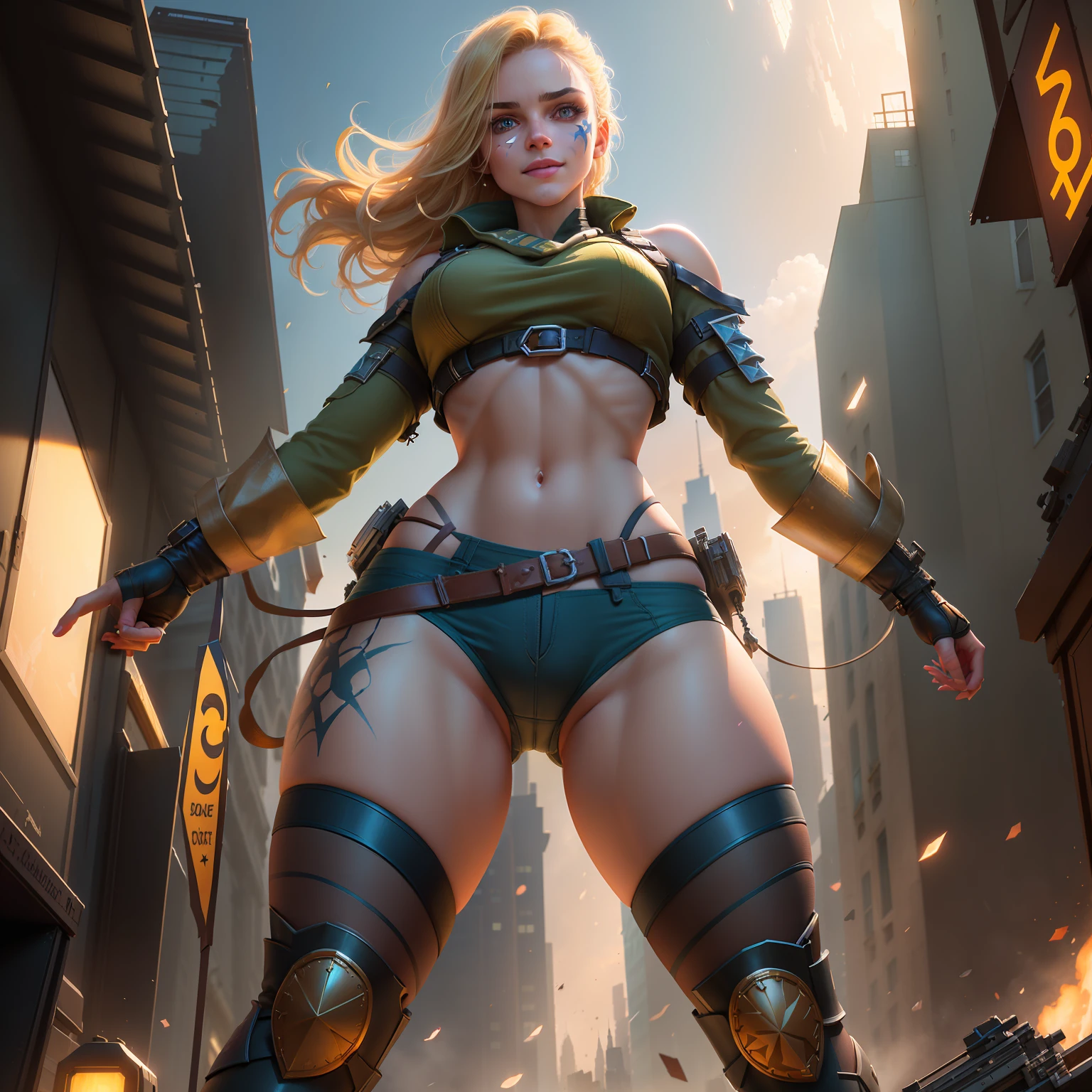 Highly detailed RAW color Photo, beautiful young solider girl, dynamic pose, (wide hips), (detailed skin), (detailed lips), (detailed eyes), (city:1.4), (destroyed city setting) (detailed face), blonde, (curvy), damaged clothes, midriff exposed, (smirking:1.5), detailed eyes, chromatic aberration, depth of field, soft lighting, masterpiece, black warpaint, (face_paint:1.2), best quality, intricate, (bloom:0.7), (from below:1.8), low angle, particle effects, raytracing, tone mapped, highly detailed, concept art, smooth, sharp focus, dramatic lighting, highly detailed artwork, cinematic, hyper realistic painting, trending on Artstation, 8K, incredible shadows, realistic, (highly detailed background:1.2), art by midjourney