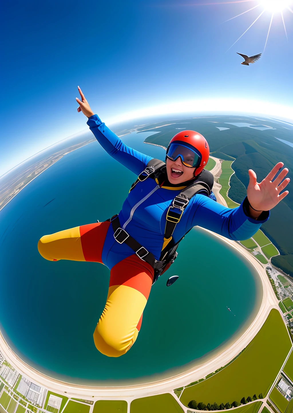 Extreme sports photography, skydiving, falling from high altitude, thrilling, nervous, happy, selfie medium shot, half body shot, old woman, sky in background, bird's eye view of land, ocean, lake, high texture, realistic effect