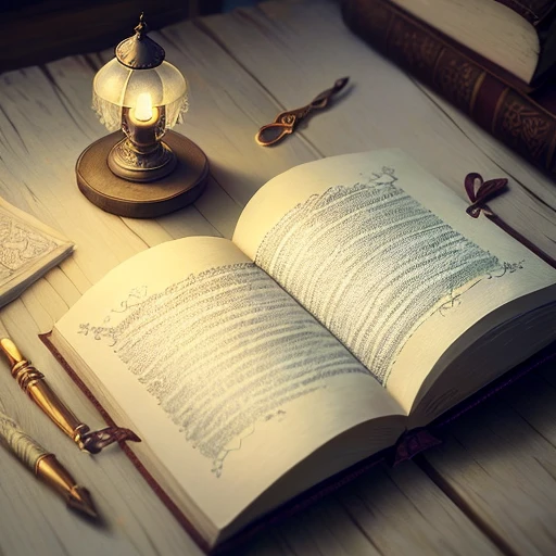 on an empty table lies one thick fairy tale book, an old, shabby one, it is closed with golden locks and patterns, Tales are written on it, a detailed drawing, light bright colors