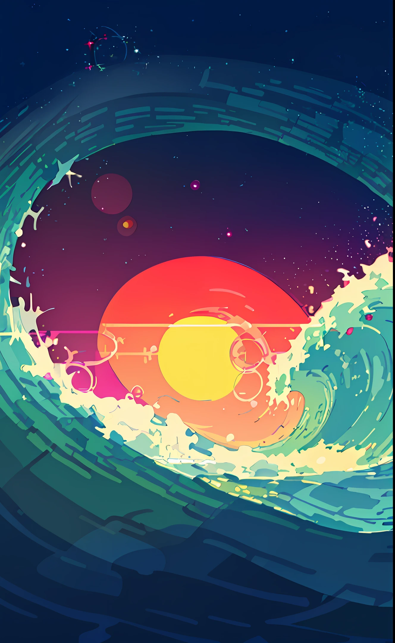 (((Beautiful Sunset Wave Art))), (diagonal composition, ocean waves surround the sun), lower right corner (vermilion maple leaves + blue green plants), best image quality, best quality, deep space behind the sun, zchn style, official, masterpiece, beautiful, high contrast, artistic, illustration, subtle color, silhouette, subtle color, post grunge, concept art, paint splatter, intricate detail. Very detailed, trending on artstation, by josan gonzales and wlop, by james jean, Victo ngai, David Rubn, Mike Mignola, Laurie Greasley