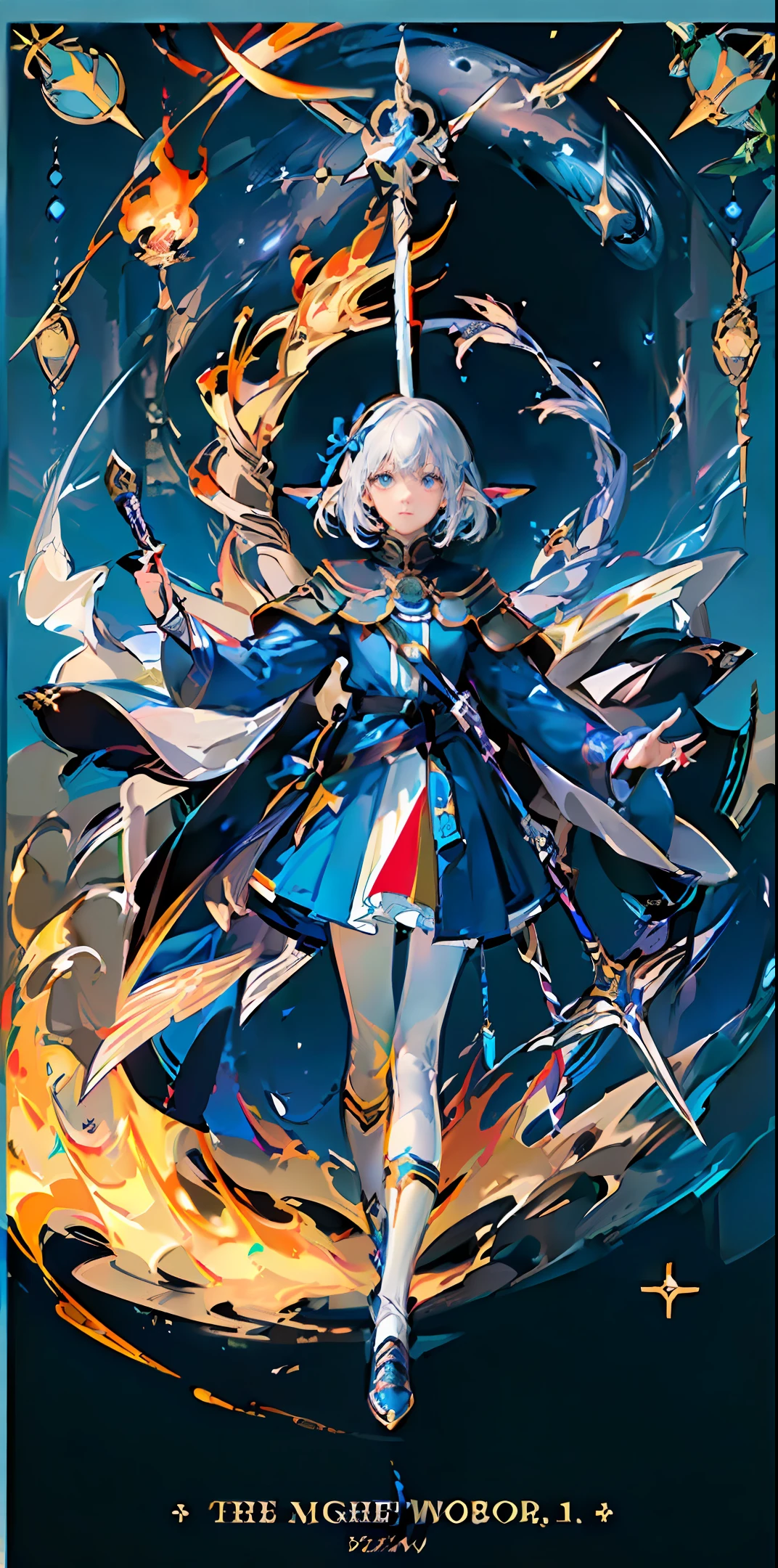 (Highest Quality), (Masterpiece), (Super Detailed), (Eye Detail: 1.0), (Lens Flare: 1.0), (Movie Poster: 1.0), (Tarot Border: 1.0), Portrait Center, Starry Sky Background , (Staff||Knight Sword|Elf Bow|Lance), Wind, Fire, Water, Thunder and Earth
