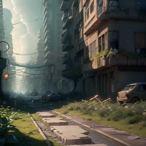 (extremely detailed CG unity 8k wallpaper,masterpiece, best quality, ultra-detailed) ,(best illumination, best shadow, an extremely delicate and beautiful) ,(cyberpunk ruined city),(destruction, abandonment of dystopian society),(overgrown plants, moss, sunny weather),(dystopian, apocalypse)::0.9