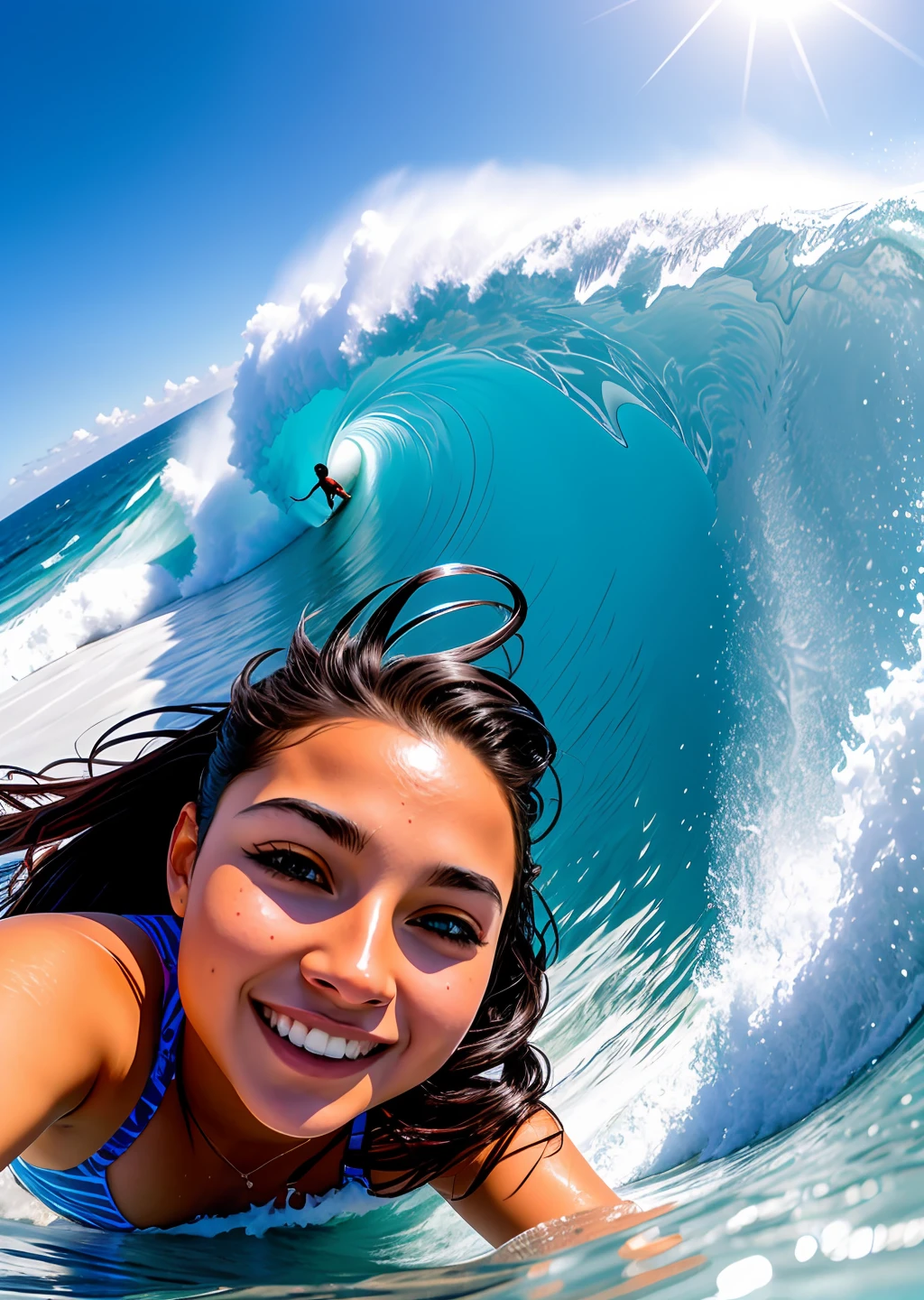 Extreme sports photography, surfing, riding along huge waves, thrilling tension, selfie medium shot, half body, young girl, french girl, background with sea, waves, ocean, foam, high texture, realistic effect