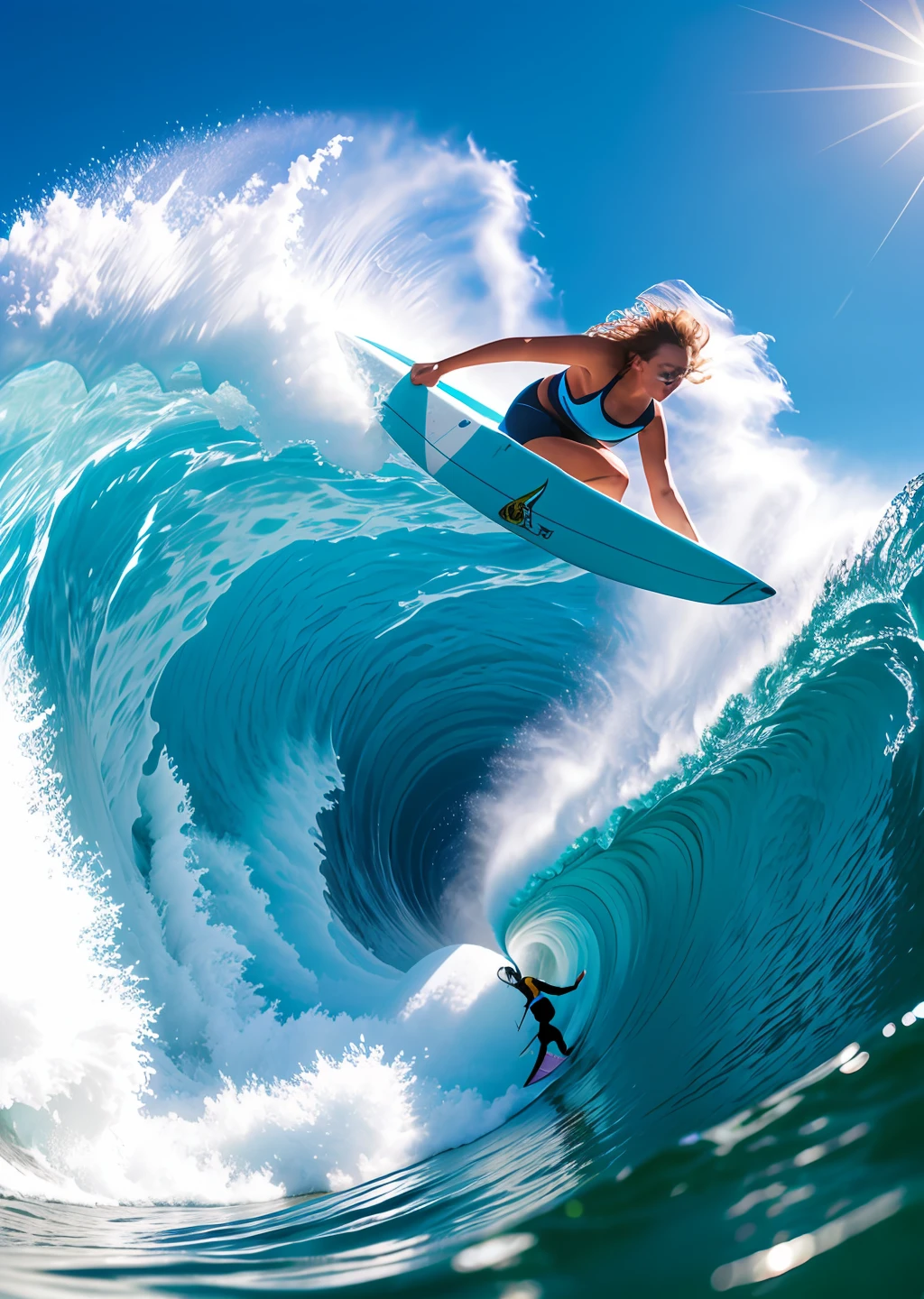 Extreme sports photography, surfing, riding along huge waves, thrilling tension, selfie medium shot, half body, young girl, french girl, background with sea, waves, ocean, foam, high texture, realistic effect
