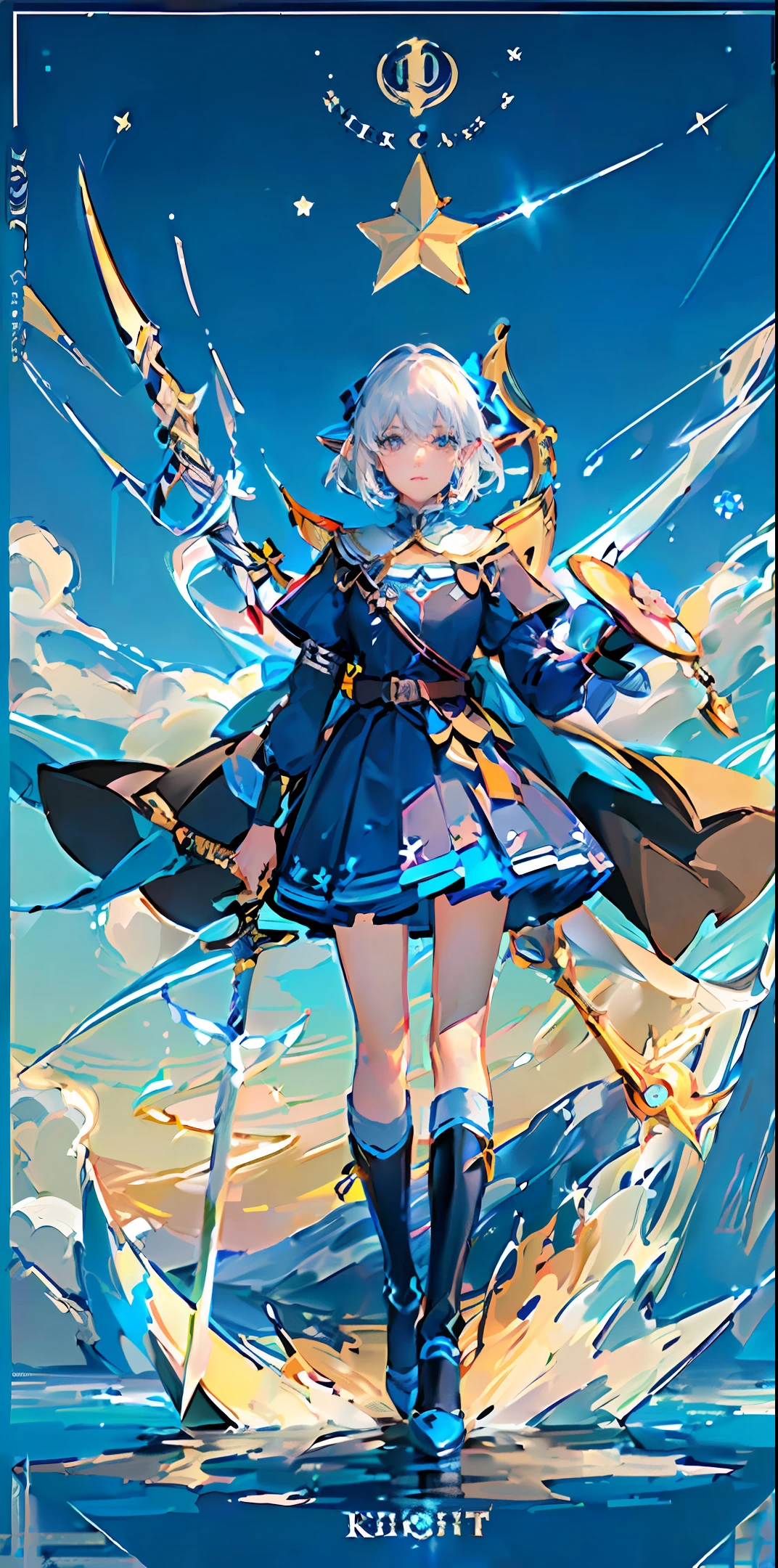 (Highest Quality), (Masterpiece), (Super Detailed), (Eye Detail: 1.0), (Lens Flare: 1.0), (Movie Poster: 1.0), (Tarot Border: 1.0), Portrait Center, Starry Sky Background , (Staff||Knight Sword|Elf Bow|Lance), wind, fire, water, thunder, good hands, good legs, clothes details, clothes of the highest quality