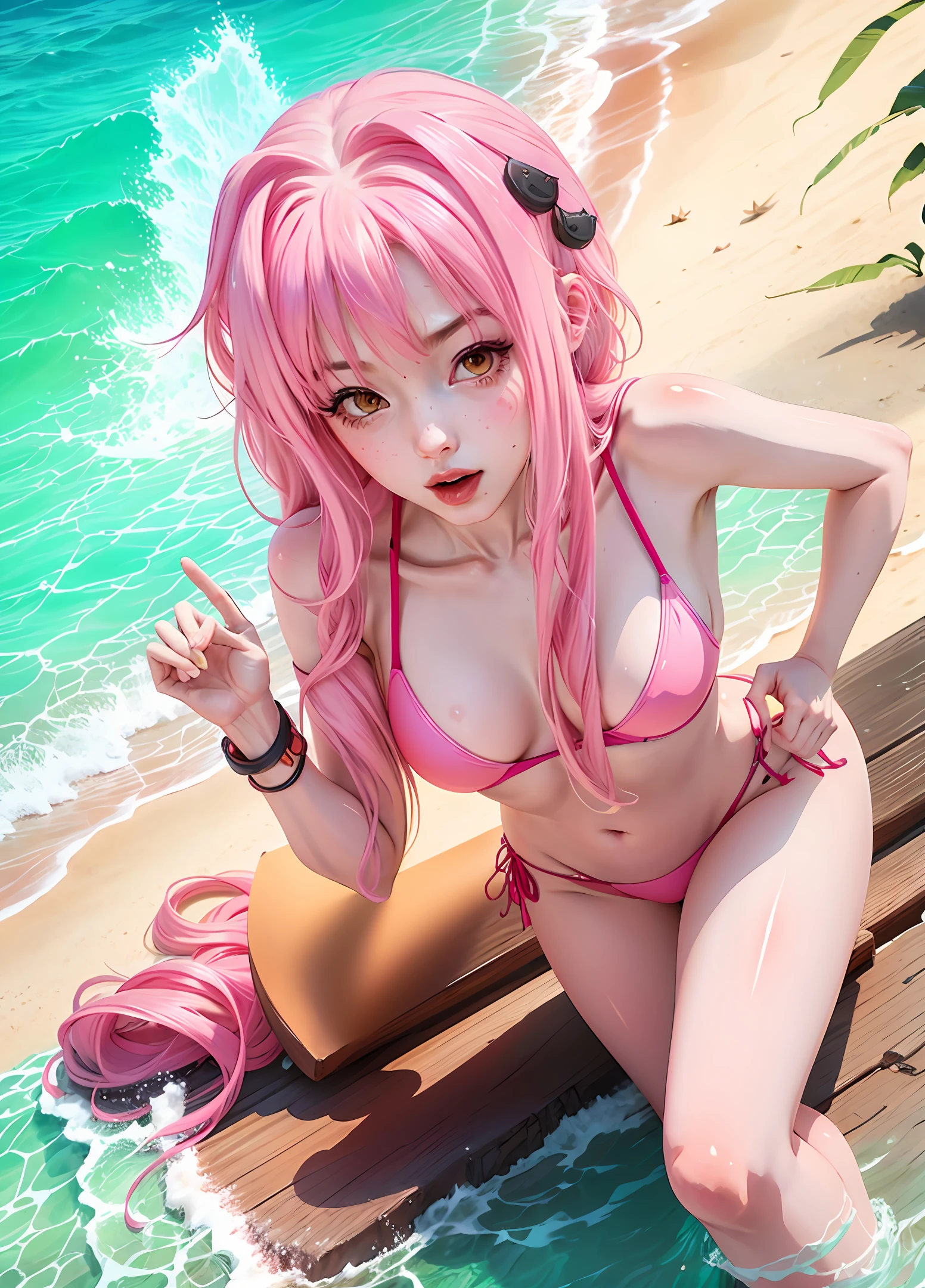 pink long hair , seducing pose, ahegao,in the beach, bikini