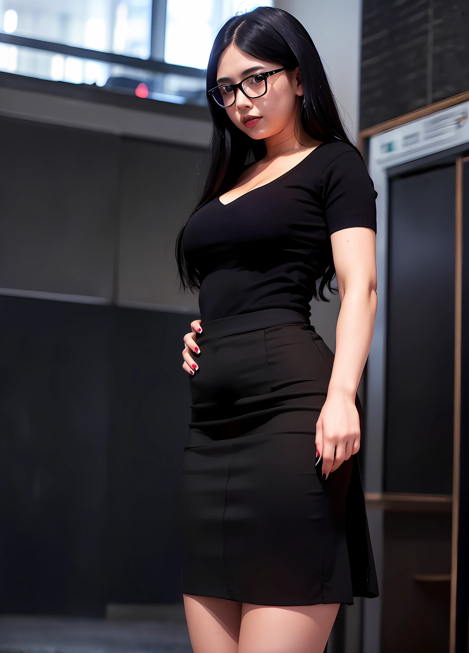 thick thighs, long black hair,glasses, OL, workplace, skirt