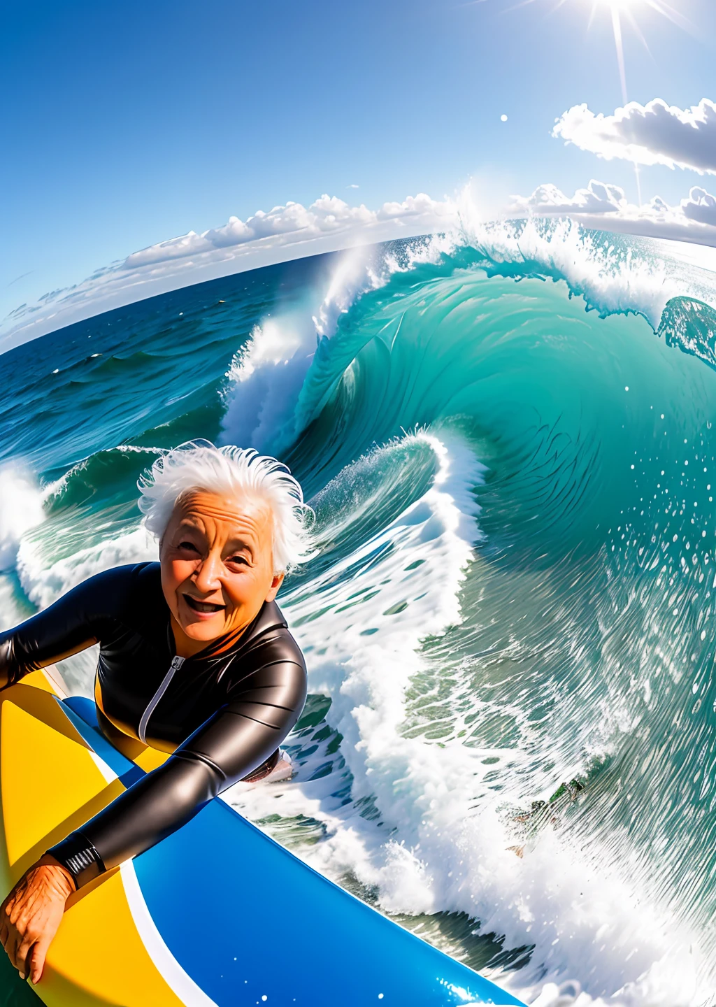 Extreme sports photography, surfing, riding along huge ocean waves, thrilling tension, selfie medium shot, half body, elderly woman, old french lady, sea in background, waves, ocean, foam, high texture, realistic Effect