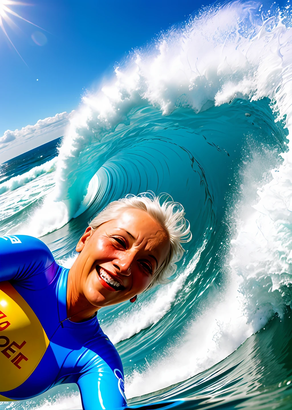 Extreme sports photography, surfing, riding along huge ocean waves, thrilling tension, selfie medium shot, half body, elderly woman, old french lady, sea in background, waves, ocean, foam, high texture, realistic Effect