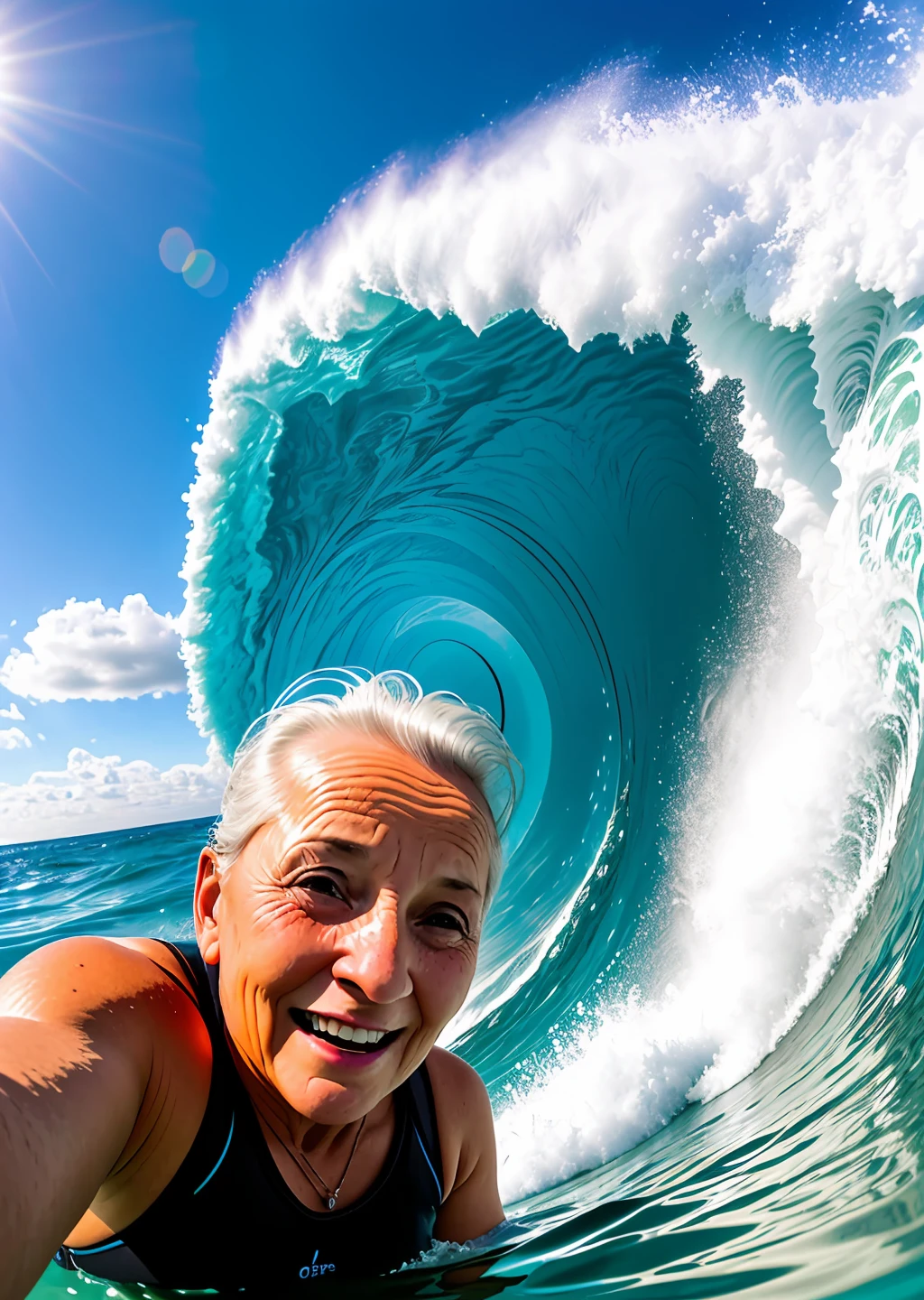Extreme sports photography, surfing, riding along huge ocean waves, thrilling tension, selfie medium shot, half body, elderly woman, old french lady, sea in background, waves, ocean, foam, high texture, realistic Effect