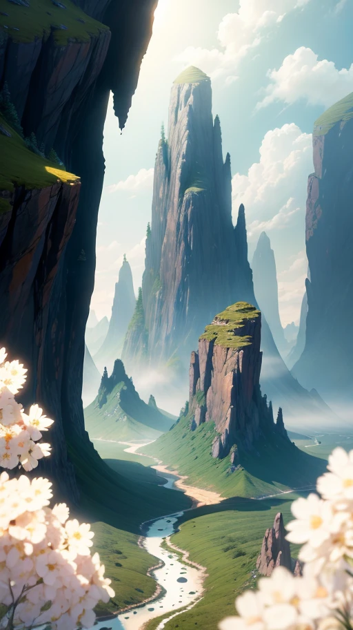 (extremely detailed CG unity 8k wallpaper,masterpiece, best quality, ultra-detailed),(best illumination, best shadow, an extremely delicate and beautiful),floating,
 
[ (vast and lush plain, majestic mountain range in the distance, surrounded by mist),(green and dense forest, peace-flowing stream),(3D white cloud, vivid and tactile, bright blue sky),(warm color temperature, high contrast, soft sunlight, detailed shadows): 0.75 ]
 
[ :(depth of field,calm river, wind-blown grass, natural illumination effects, strong and delicate textures):0.4]