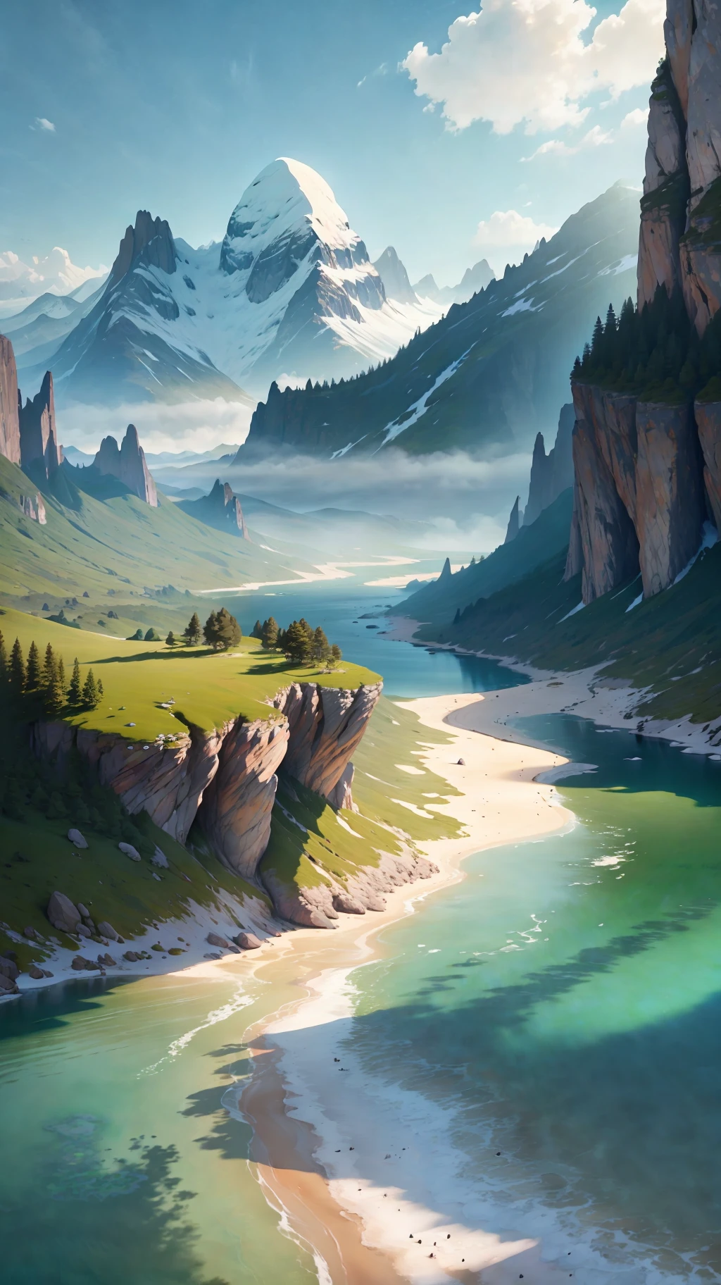 (extremely detailed CG unity 8k wallpaper,masterpiece, best quality, ultra-detailed),(best illumination, best shadow, an extremely delicate and beautiful),floating,
 
[ (vast and lush plain, majestic mountain range in the distance, surrounded by mist),(green and dense forest, peace-flowing stream),(3D white cloud, vivid and tactile, bright blue sky),(warm color temperature, high contrast, soft sunlight, detailed shadows): 0.75 ]
 
[ :(depth of field,calm river, wind-blown grass, natural illumination effects, strong and delicate textures):0.4]