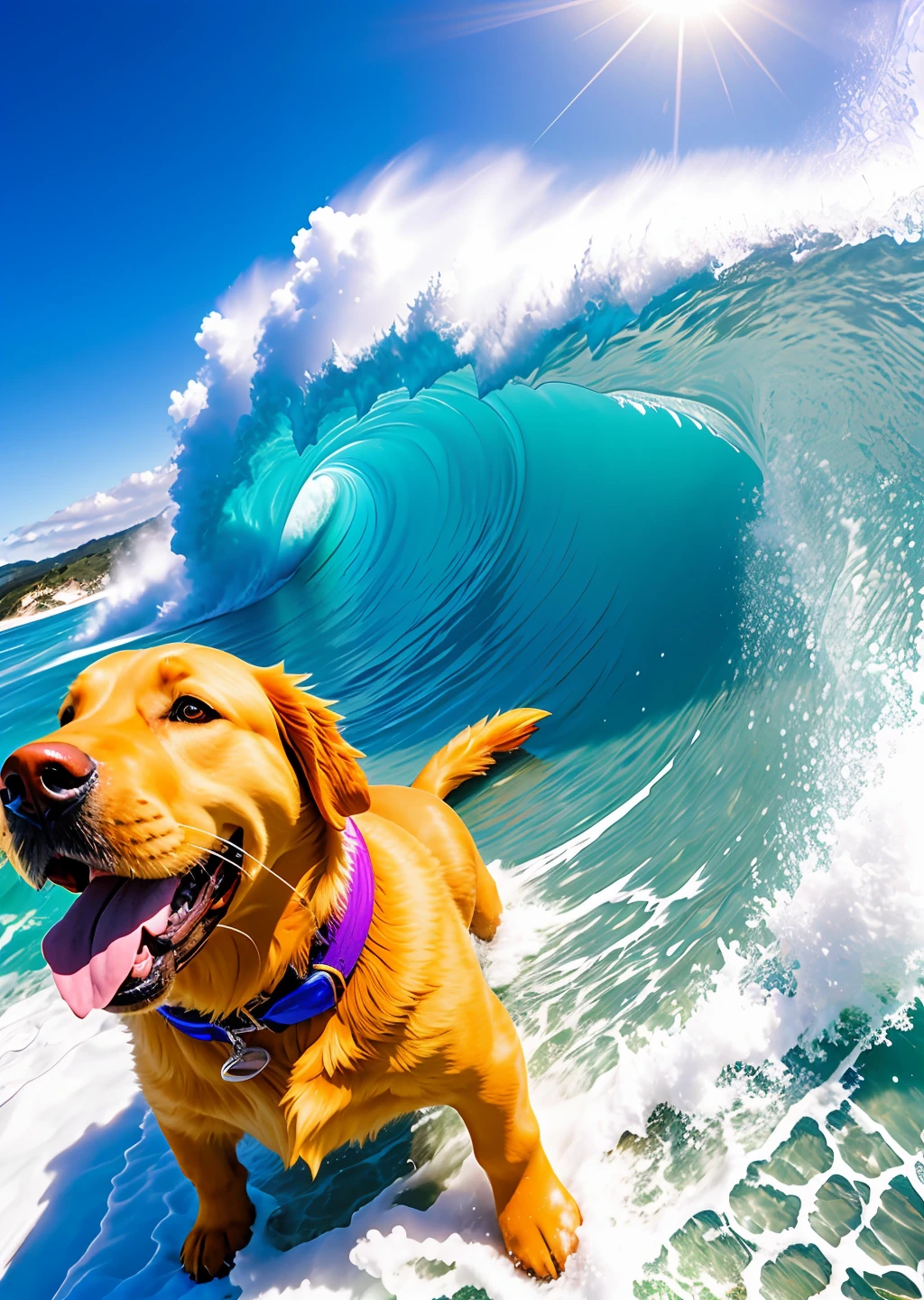 Extreme sports photography, surfing, is sliding along huge waves, thrilling tension, selfie medium shot, half body shot, golden retriever dog, golden retriever, sea, waves, ocean, foam in background, high texture, realistic effect