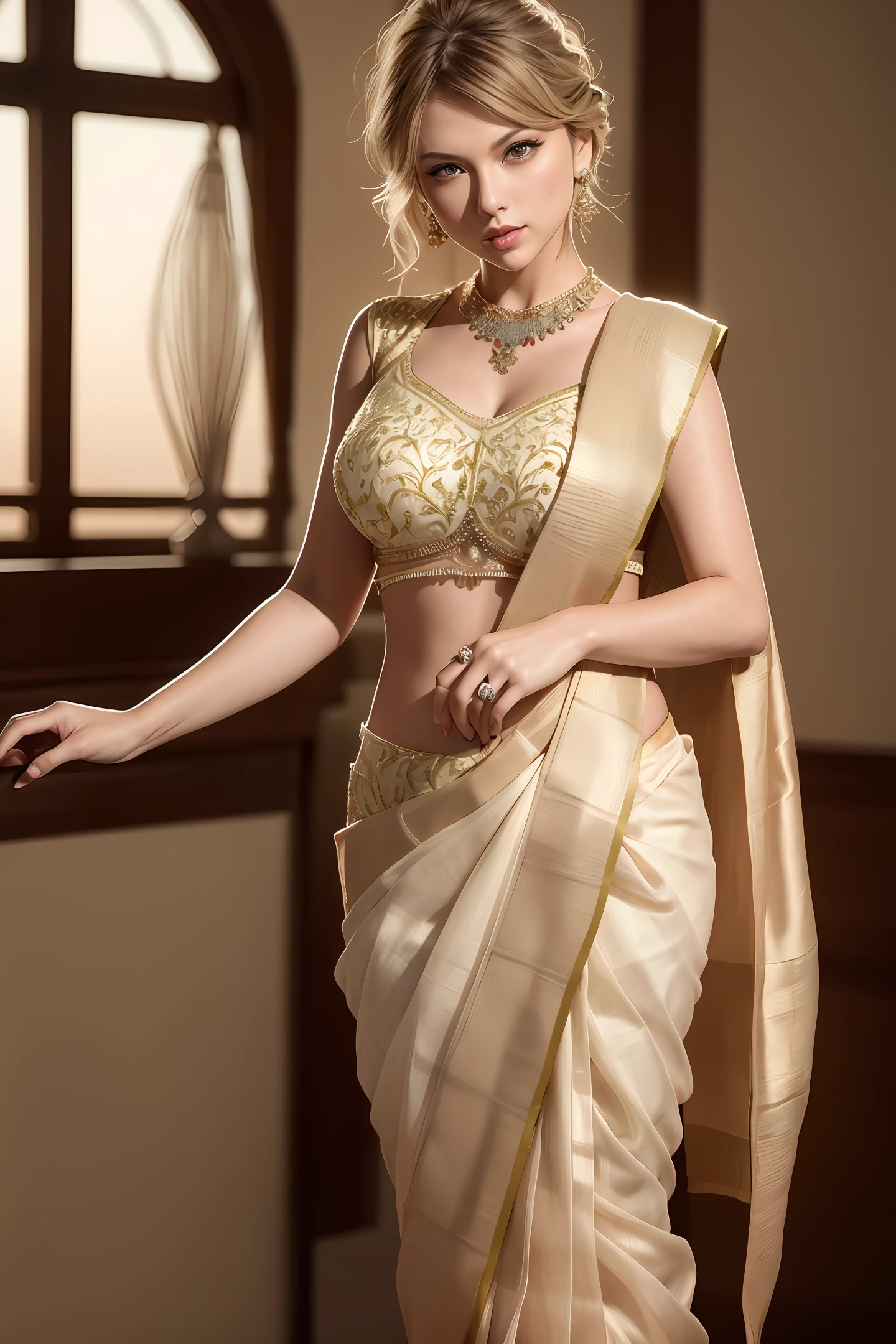 Taylor Swift in Indian Attire Hyper realistic face and skin

RAW photo, sunset, detailed skin, detailed eyes, depth of field, 8k uhd, dslr, dim lighting, high quality, film grain, (high detailed skin:1.1), film grain, Fujifilm XT3, (high detailed face:1.1), (soothing tones:1.25), (hdr:1.25), smiling, short blonde hair, dynamic lighting, photo-real 8k UHD, best quality masterpiece, photorealistic, detailed, sharp focus, 8k, HDR, shallow depth of field, broad light, high contrast, backlighting, bloom, chromatic aberration, sharp focus, (((Saree and blouse))) big breasts, massive cleavage, (full body), (arouse), Intricately detailed eyes, Hyper-Realistic, Hyper-Detailed, Artgerm, Greg Rutkowski, 50 mm.