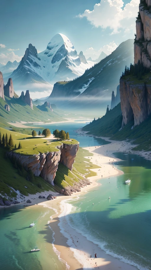 &quot;(Ultra-delicate CG unity 8k wallpaper, masterpiece, excellent picture quality), (best lighting, fine light and shadow, extraordinarily exquisite beauty), floating, [ (majestic mountains, stretching sky), (depth of field, quiet flowing water), ( Lifelike 3D white clouds, vivid touch, bright blue sky), (warm color temperature, high contrast, soft sunlight, fine shadows): 0.75][:(Colorful fields, tranquil rivers, grass dancing with the wind, natural light and shadow, strong texture detail): 0.4]&quot;