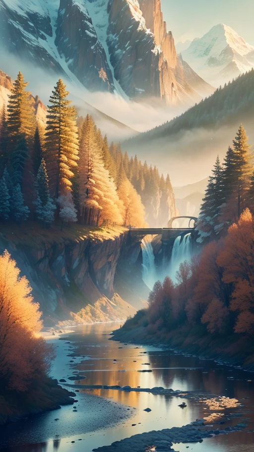 (Ultra-delicate CG unity 8k wallpaper, masterpiece, excellent picture quality), (best lighting, fine light and shadow, extraordinarily exquisite aesthetic feeling) (quiet beauty, beautiful scenery, distant mountains and near water, high sky and light clouds, lush trees, stream murmuring, golden fields resting with cattle and sheep)
