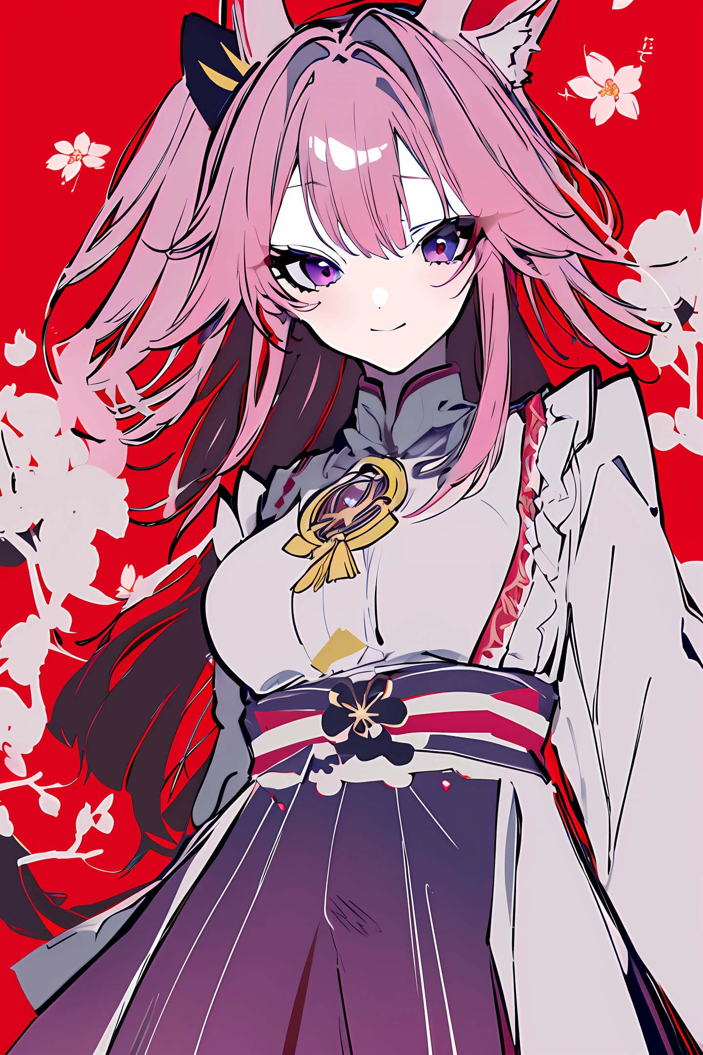 masterpiece, extreme, original_outfits, 1girl, solo, genshin impact, yae miko, 1girl, animal ears, branches, breasts, cherry blossoms, shut up, cowboy guns, earrings, flowers, fox ears, day clothes, jewelry, long hair, look Viewer, medium breasts, unconventional miko, outdoors, pink hair, purple eyes, purple flowers, ribbon sleeves, ribbon trim, side hair, deadpan, red background, monochrome, pink background, Evil smile, shut up,