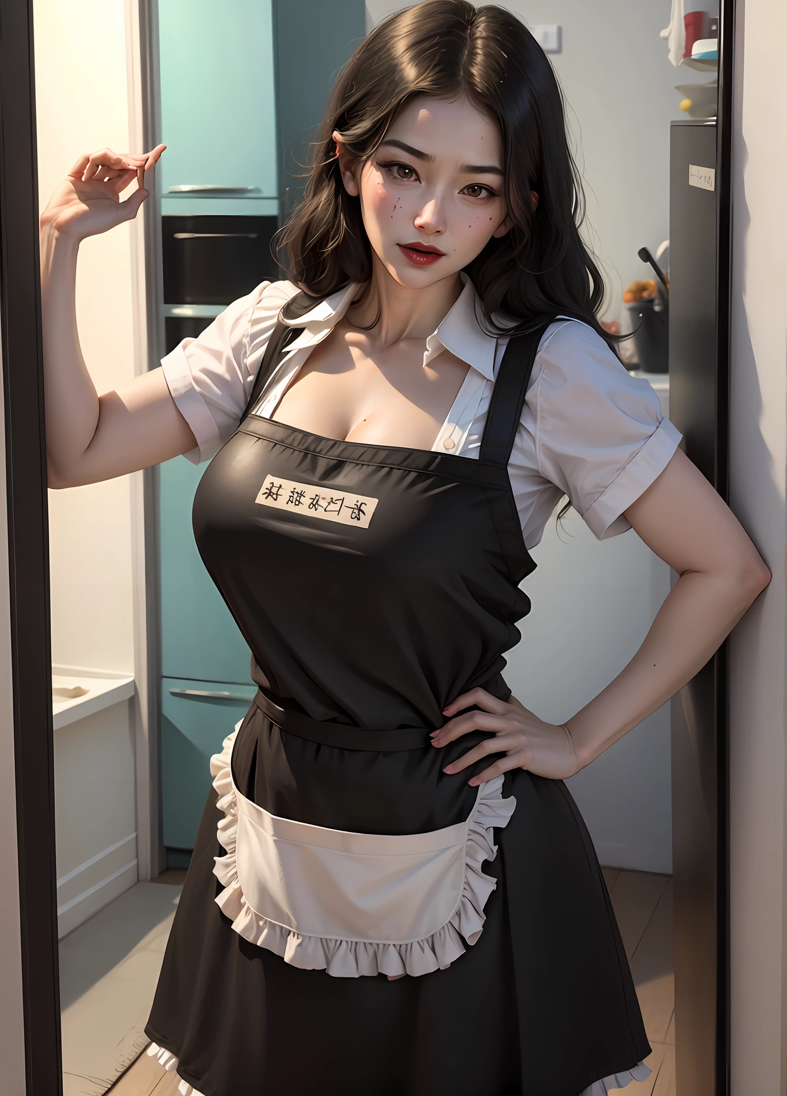 embarass face, mother, milf, black hair, apron, busty