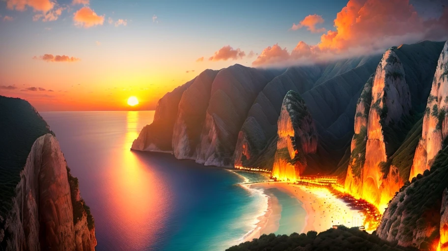 (seascape picture, wallpaper composed of cliffs and mountain tops), (Butterfly Valley in Antalya, Turkey), (red sunset, nightfall, orange sky), (white clouds, winding trails, green forests, blue sea), noisy The hustle and bustle of the city seems to have nothing to do with this quiet sea view.