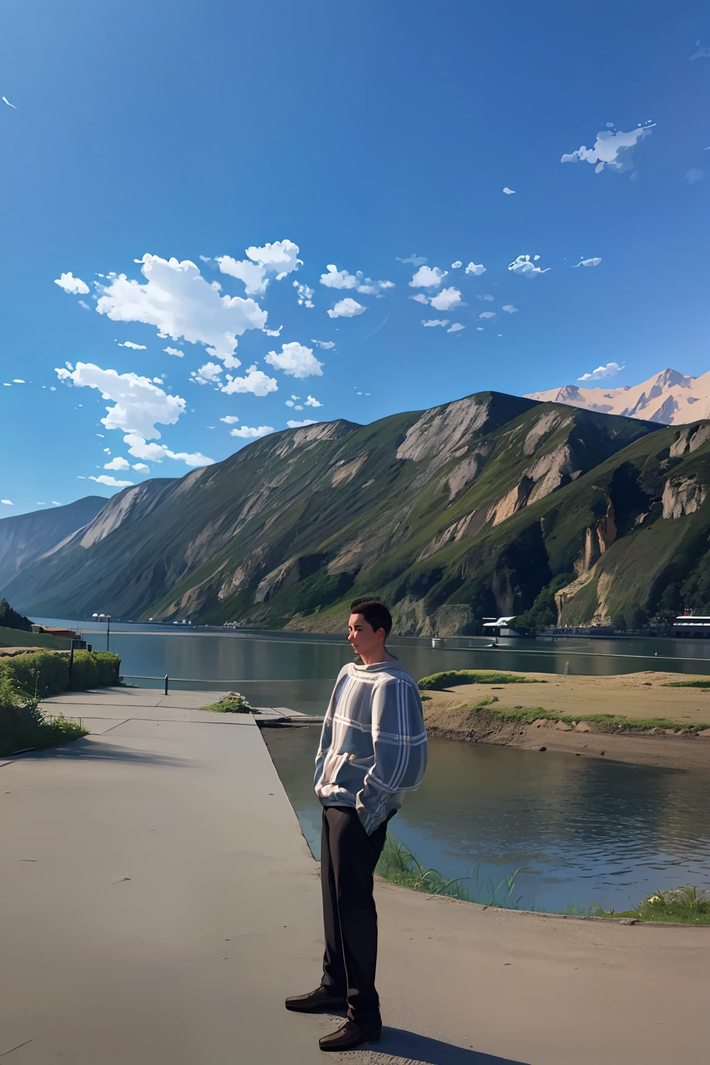 Young man in sweater, beautiful scenery
