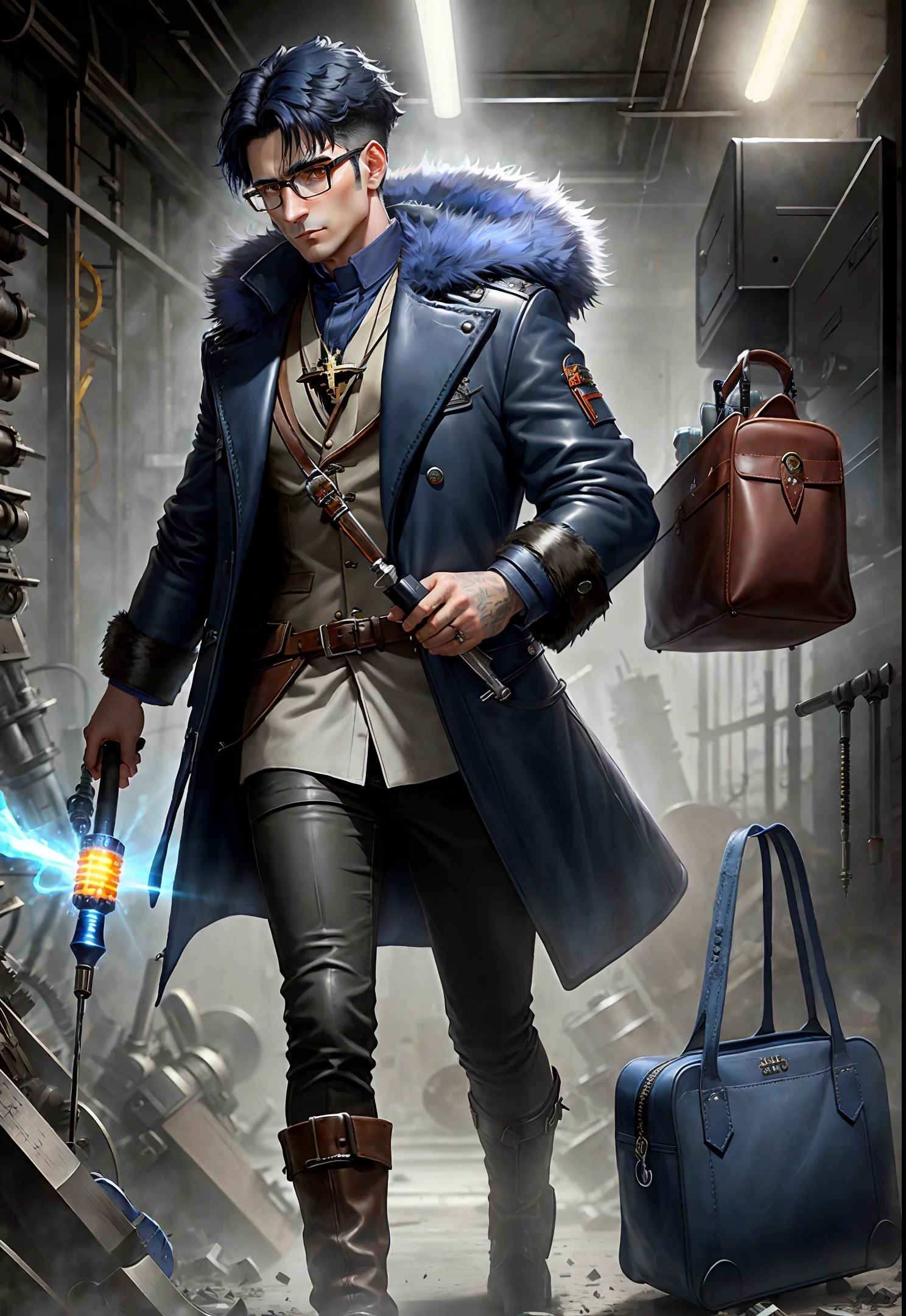 Dark blue haired, bespectacled exorcist with a leather bag of fur. science and technology. Surrounded by broken machinery, holding a screwdriver