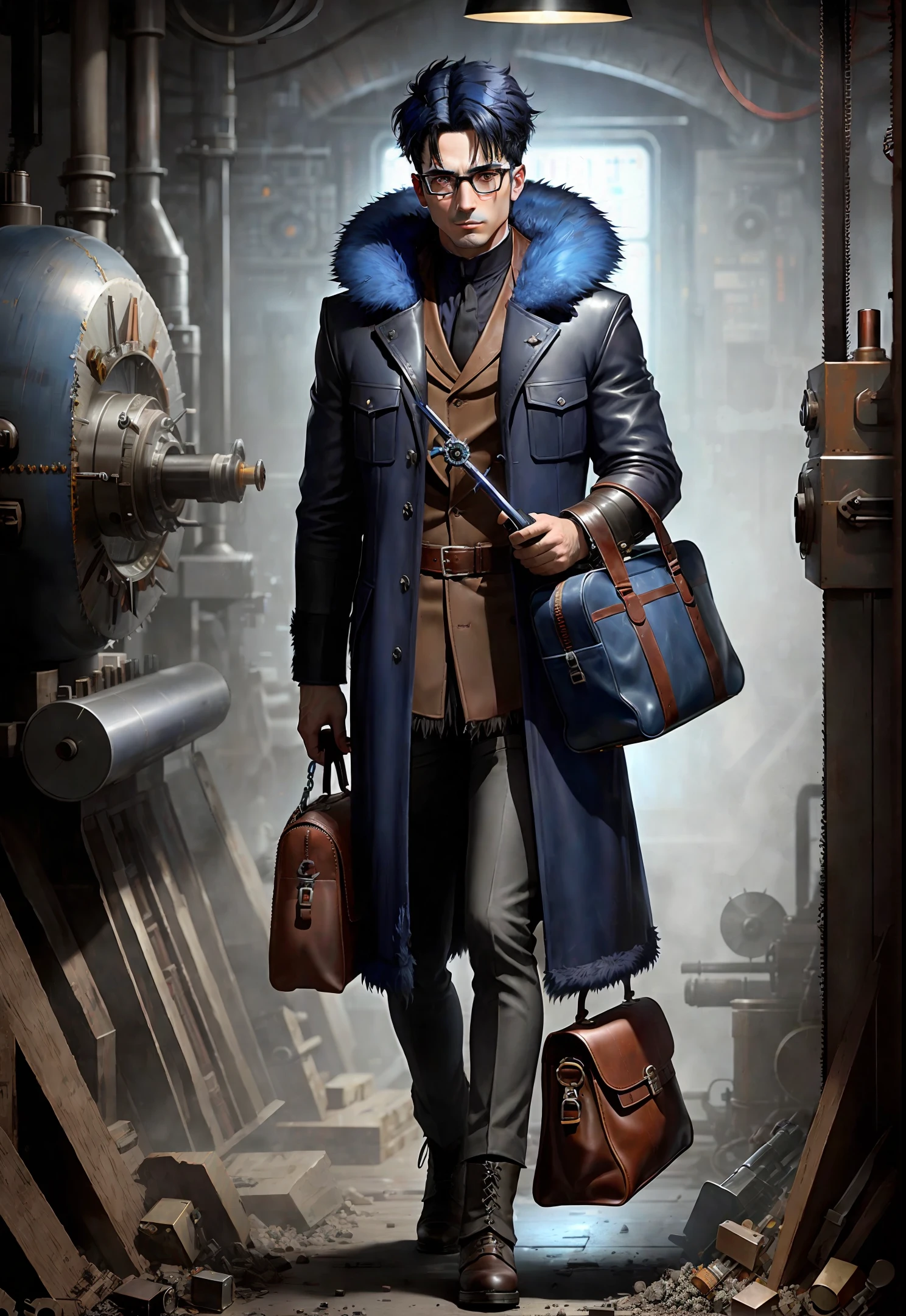 Dark blue haired, bespectacled exorcist with a leather bag of fur. science and technology. Surrounded by broken machinery, holding a screwdriver