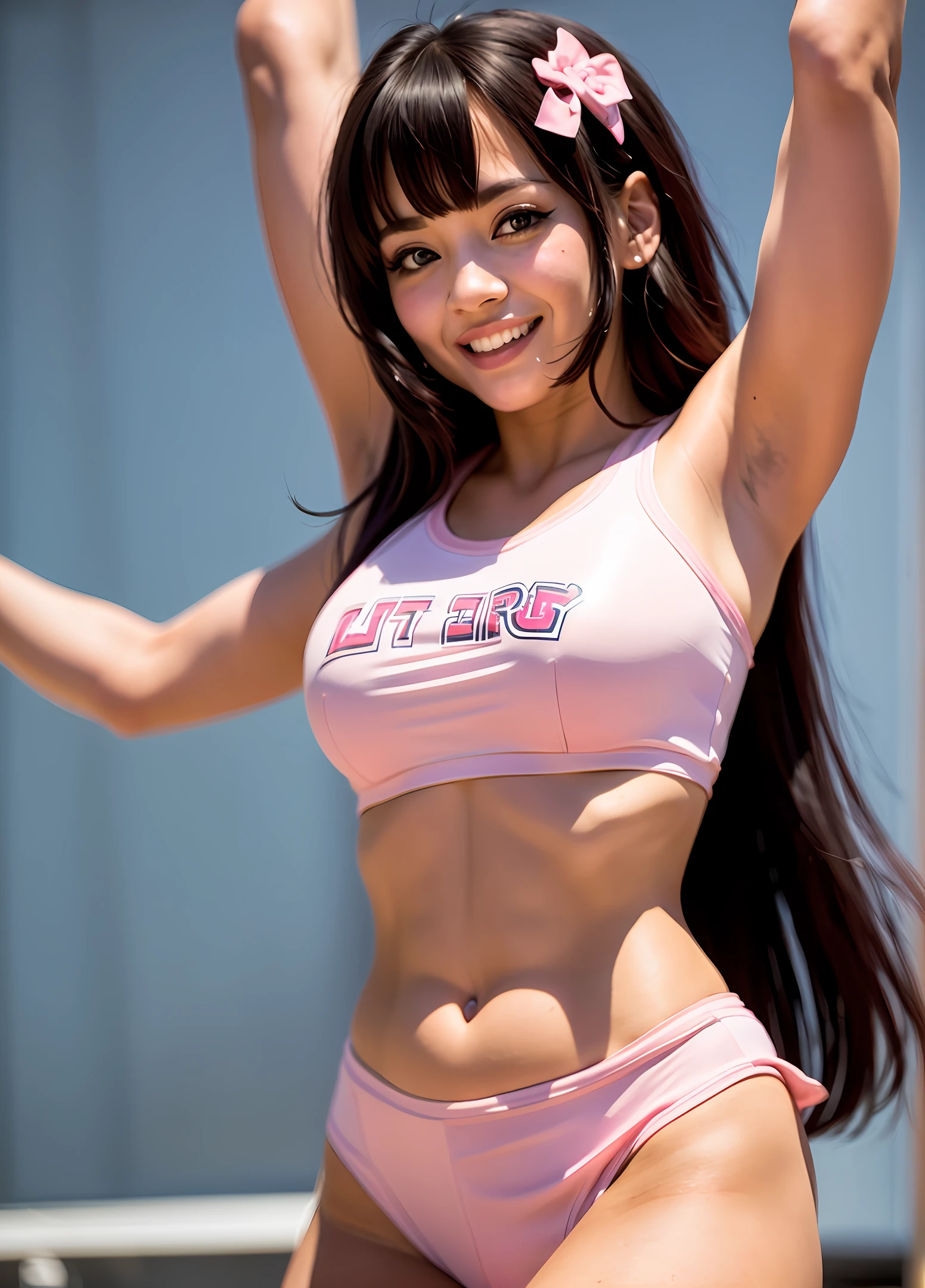 dancing cheerleader, pink lips, blush, black hair, 1 girl, thight, happy face