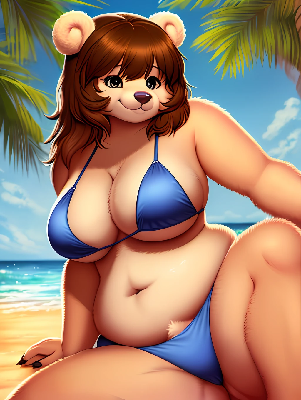 Award winning photo of chubby anthro furry bear girl, SFW, soft light, highly detailed, photorealistic, ((fluffy fur texture: 1.5)), dynamic pose, medium breasts, bikini, sitting beach, smile:0, 7,