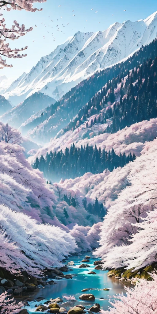 Deep forest, distant mountains, flying birds. Two-dimensional style, bright and vibrant, cherry blossoms cover the mountainside, cherry blossoms fall, the sunrise can be seen in the distance, a stream meanders, there are a few daffodils on the bank, the sunrise