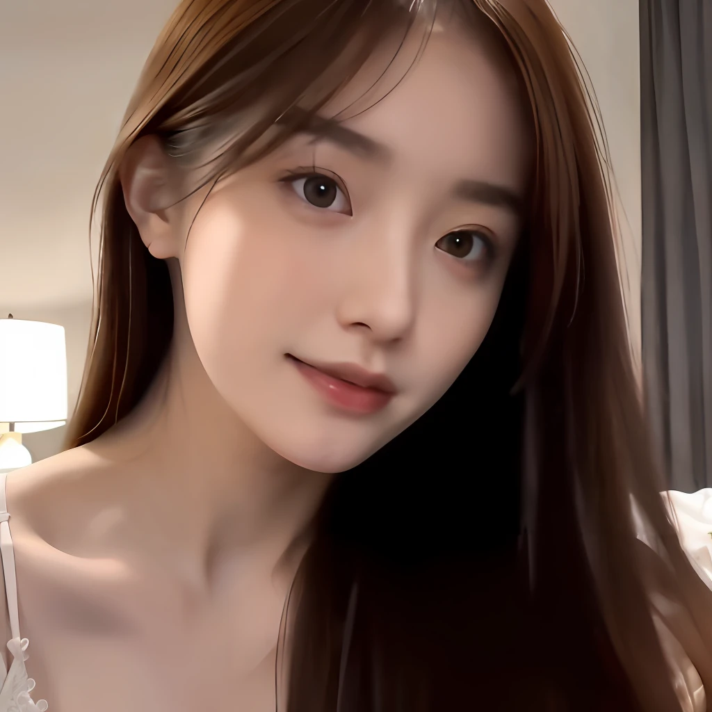 (RAW photo, best quality), (realistic),photo, best quality ,masterpiece, an extremely delicate and beautiful, extremely detailed, CG ,unity, 2k wallpaper, finely detail, masterpiece, best quality, huge filesize, ultra-detailed, highres, extremely detailed, 1girl, slim body, porcelain skin, (black lace nightdress), (brown hair),, (hair ornament), looking at viewer, face close-up, bare_legs,medium breasts, straight hair, extremely detailed face, extremely detailed eyes, sexy, at home, seductive smile, spread legs,