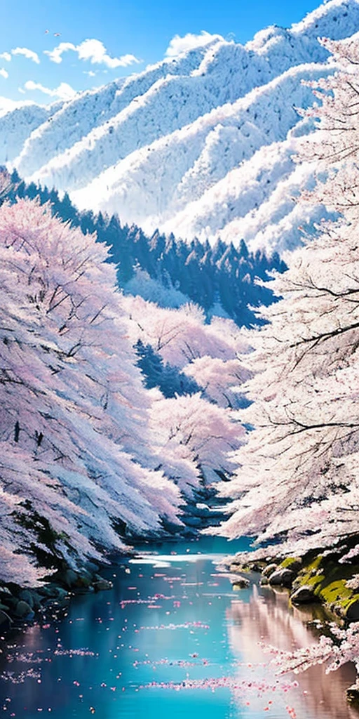 Deep forest, distant mountains, flying birds. Two-dimensional style, bright and vibrant, cherry blossoms cover the mountainside, cherry blossoms fall, the sunrise can be seen in the distance, a stream meanders, there are a few daffodils on the bank, the sunrise