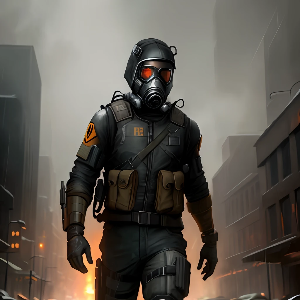 [(Half life 2 movie:1.3, cinematic:1.2, masterpiece), (urban dystopia:1.3, dark and rainy:1.2), (rebel:1.4, running:1.2, evading:1.2 bullets:1.1), (burning forest:1.3, smokey background), (gas mask:1.2, tactical vest:1), combat-ready, dynamic pose]:0.8