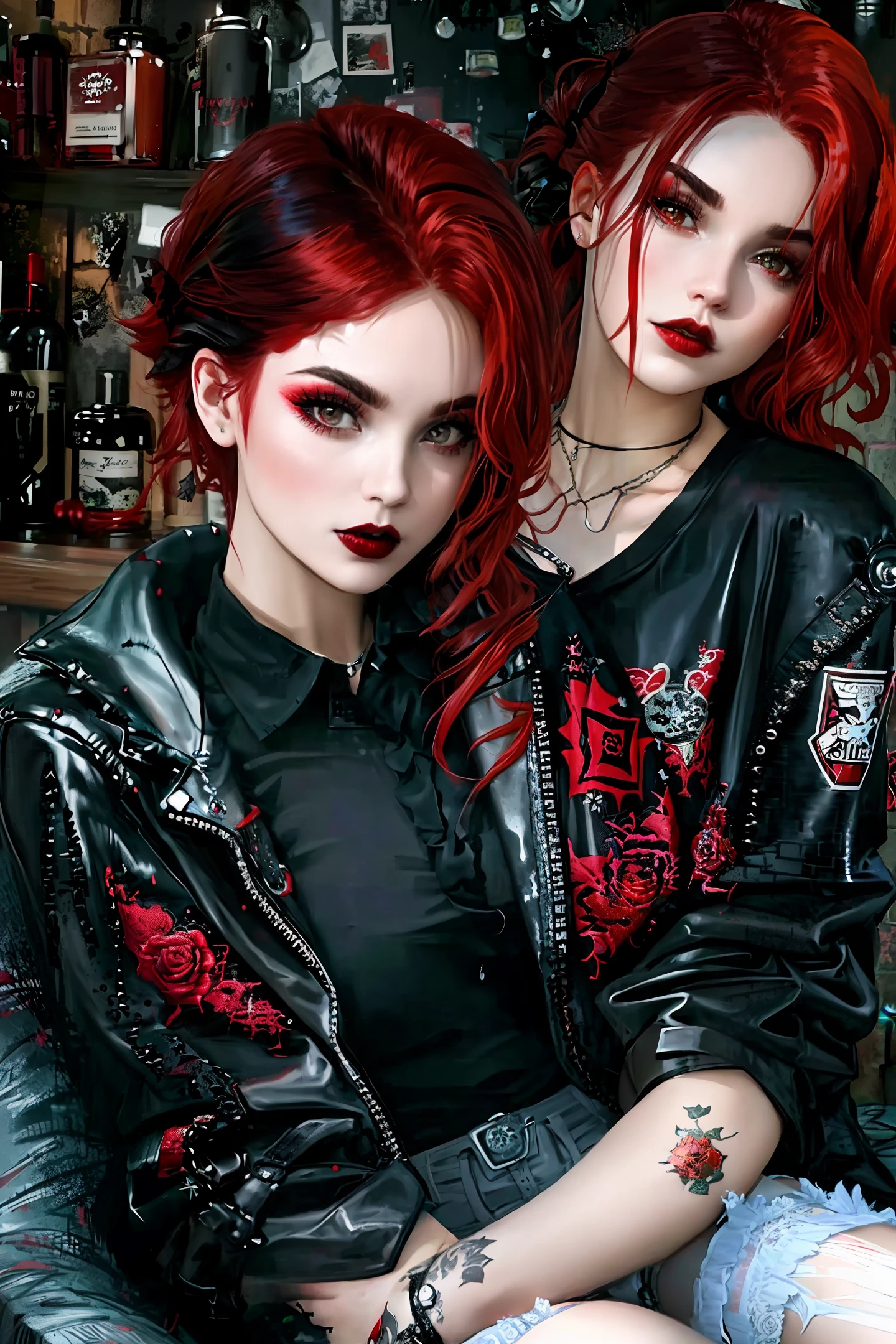 (cute girl, red hair, short black shirt),(goth/alt/emo style),(dark and devilishly cute eyes, red lipstick, black choker, black stockings, mini skirt, black boots, mischievous look),(dark gloomy light, gothic atmosphere, red and black color scheme, stylized), [(spider/rose/gun embroidery:1.2), (gloomy)/bad weather:0.8, silver spikes, leather jacket, dark makeup, ripped stockings), (candle lit room, mysterious, dimly lit).]