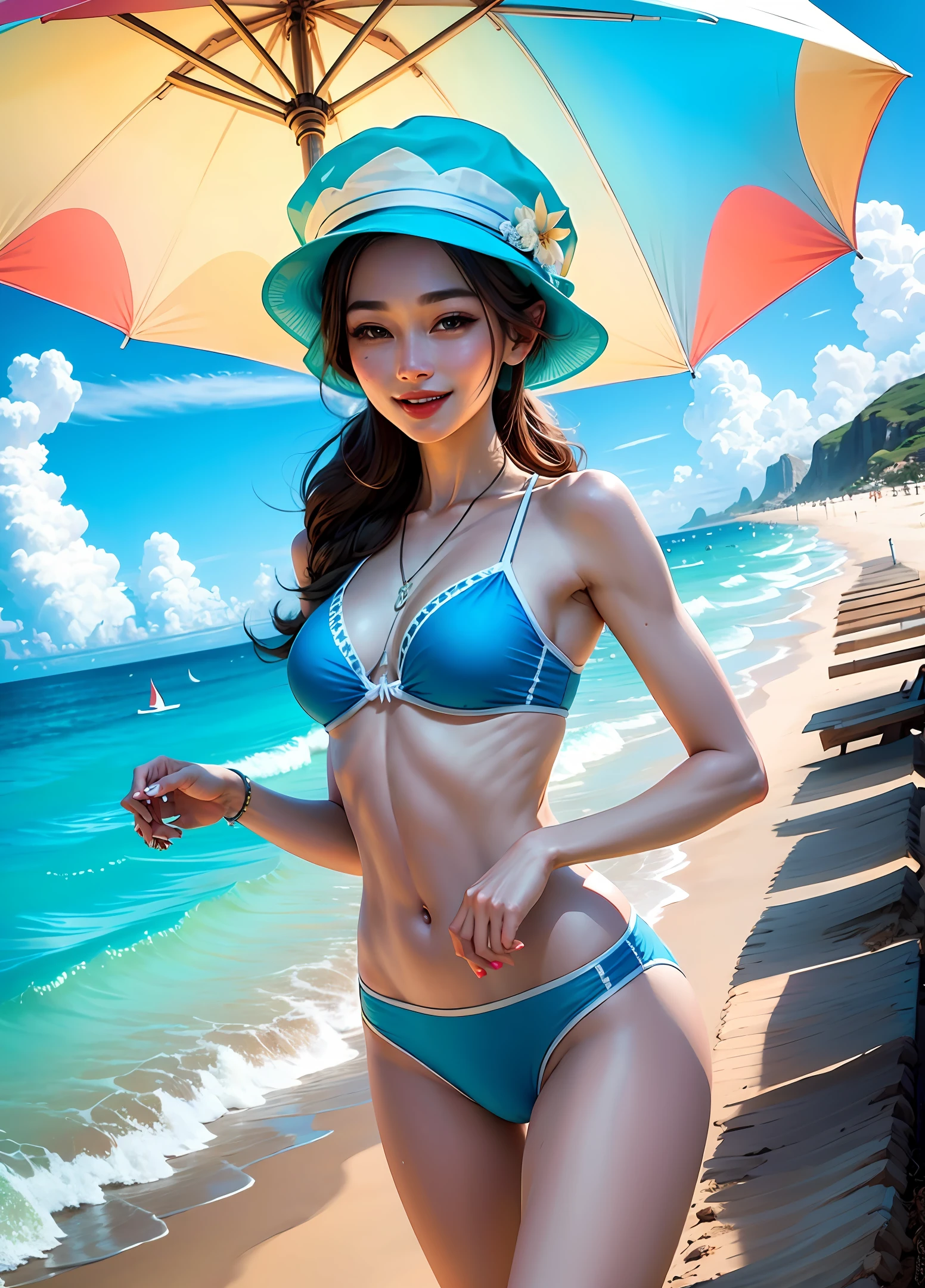 holding parasol, beach, coastline, smile, happy, running, blue bikini, hat, sexy girl