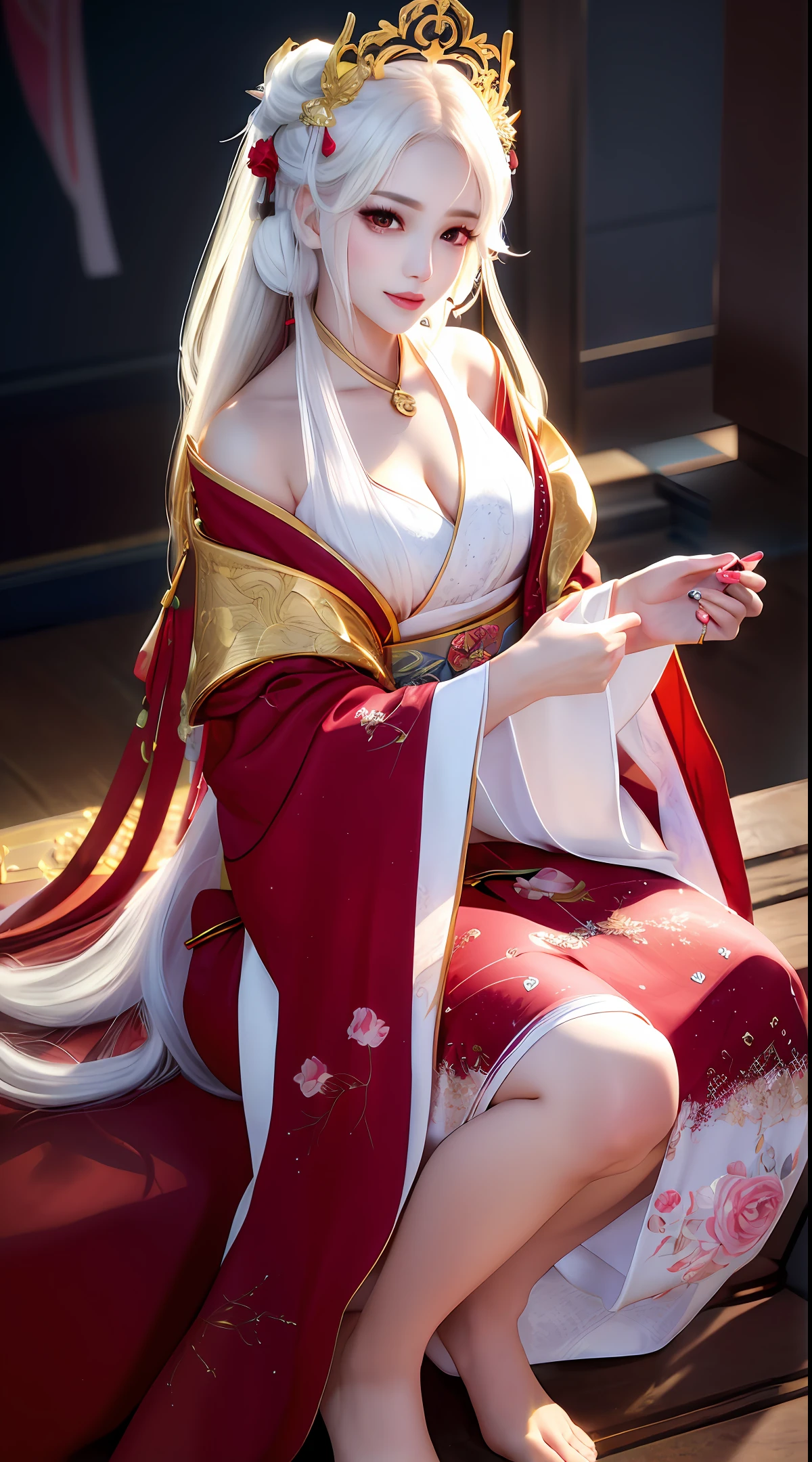 In the early morning, white long hair, a beautiful girl squatting on the table, delicate face, smiling, wearing Hanfu, delicate patterns on the clothes, long hair shawl, open chest dress, long eyelashes, lip gloss, red eye shadow, bare feet, Silk long sleeves, pale skin, masterpiece, best, 8K, big breasts, delicate gold hairpin,
