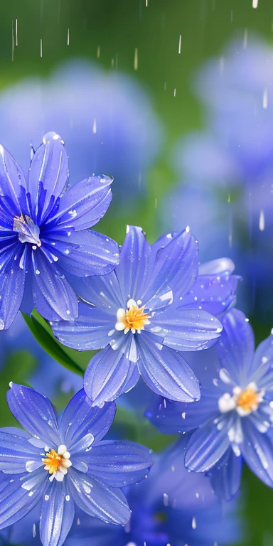 Best quality, masterpiece, clusters of crystal clear bluebells, raindrops, rainy day, dancing petals, high resolution, 8k uhd, high quality, volumetric lighting, high resolution, 4k, 8k, bokeh
